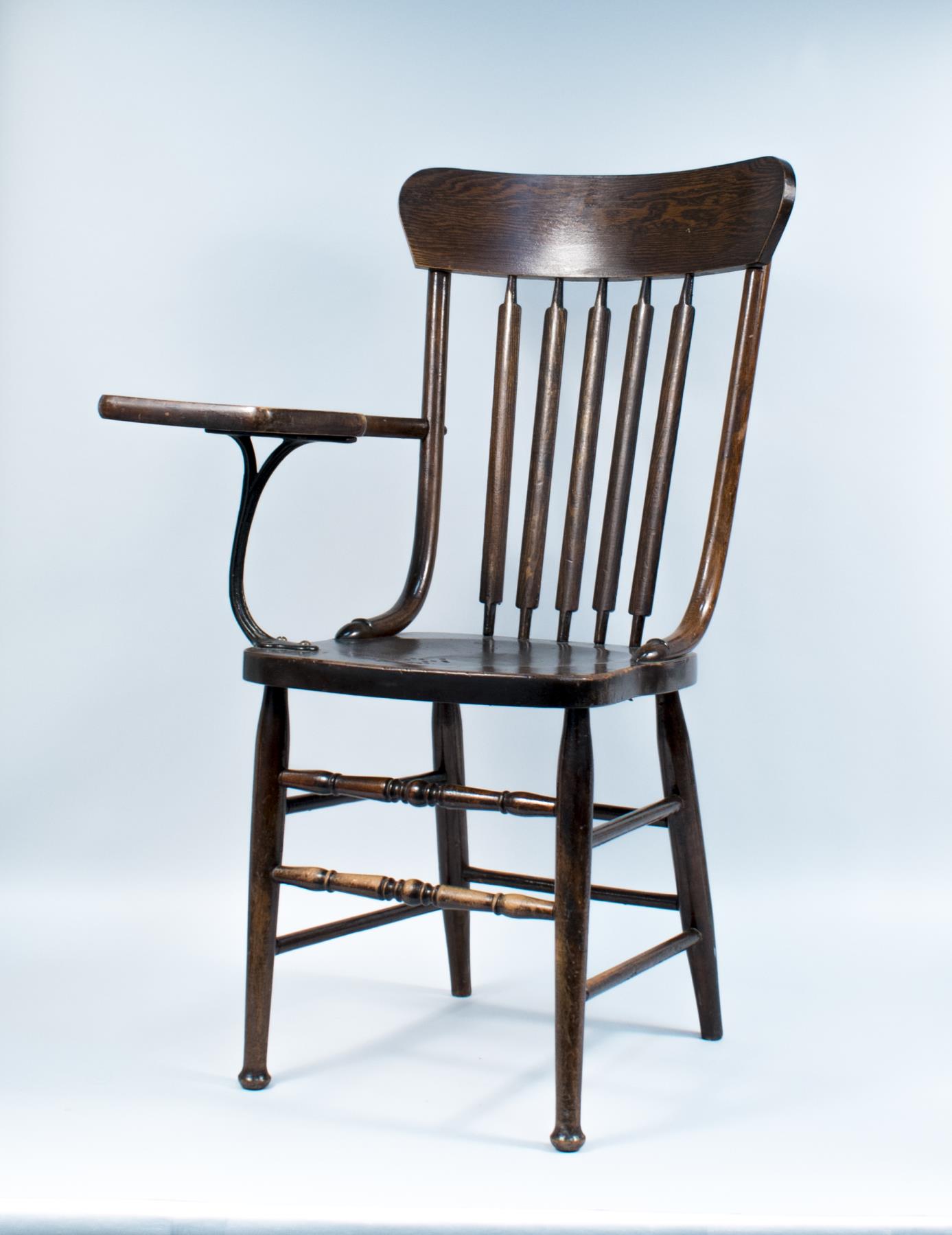 Image of Windsor style lecture chair with writing arm, 1890-1930