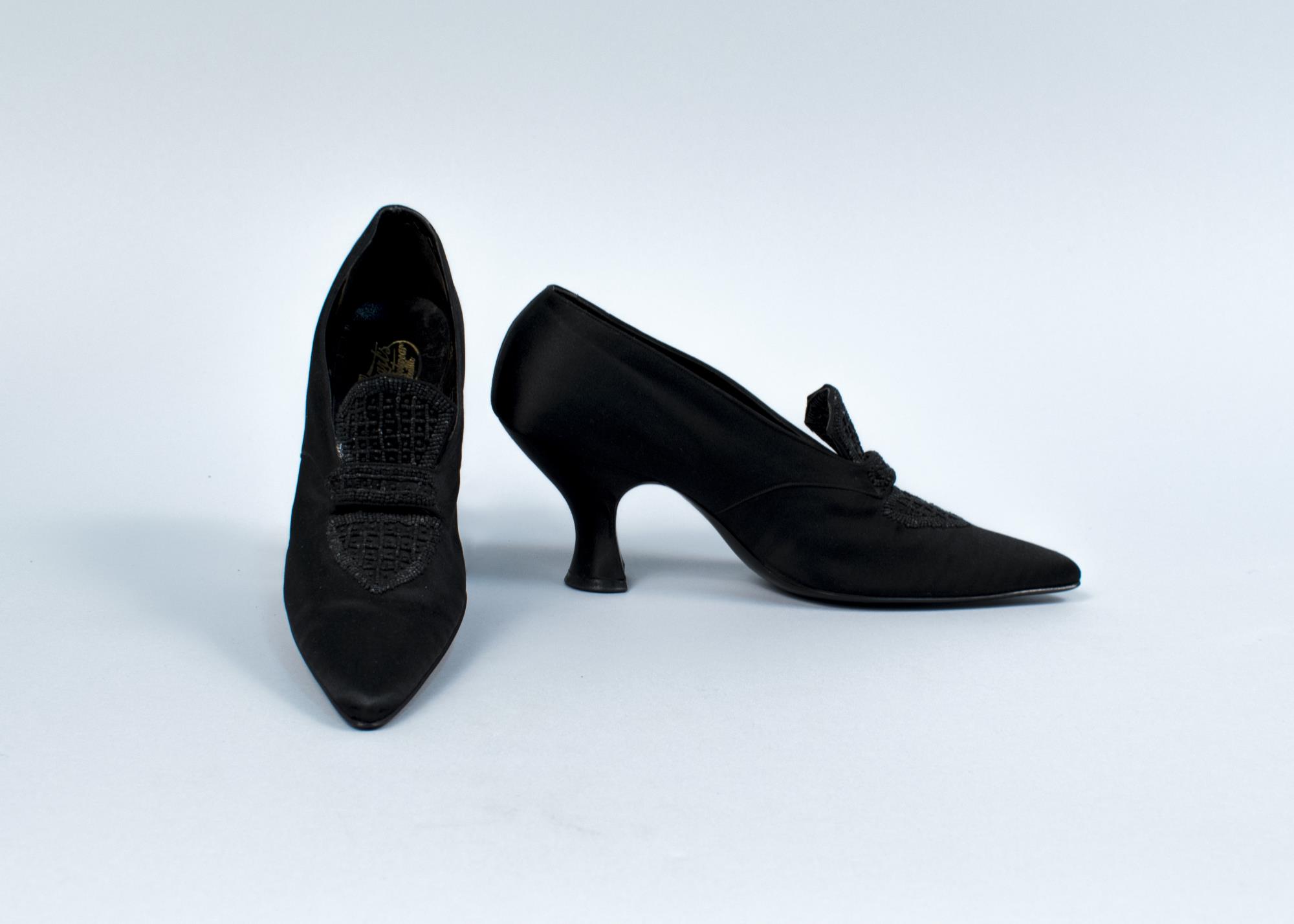 Image of Black satin shoes with beading, ca. 1918-1920