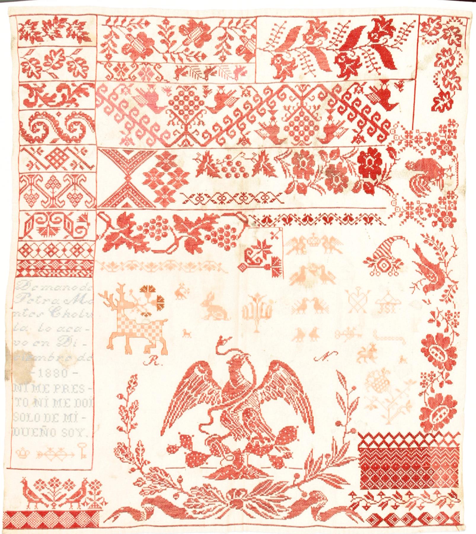 Image of Red and white sampler with Spanish text by Petra Montes Cholu, 1880