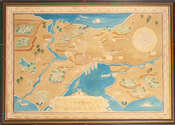 Image of Watercolor by Marian Gardineer showing a map of Seattle and the real estate enterprises of R.C. Erskine, 1929