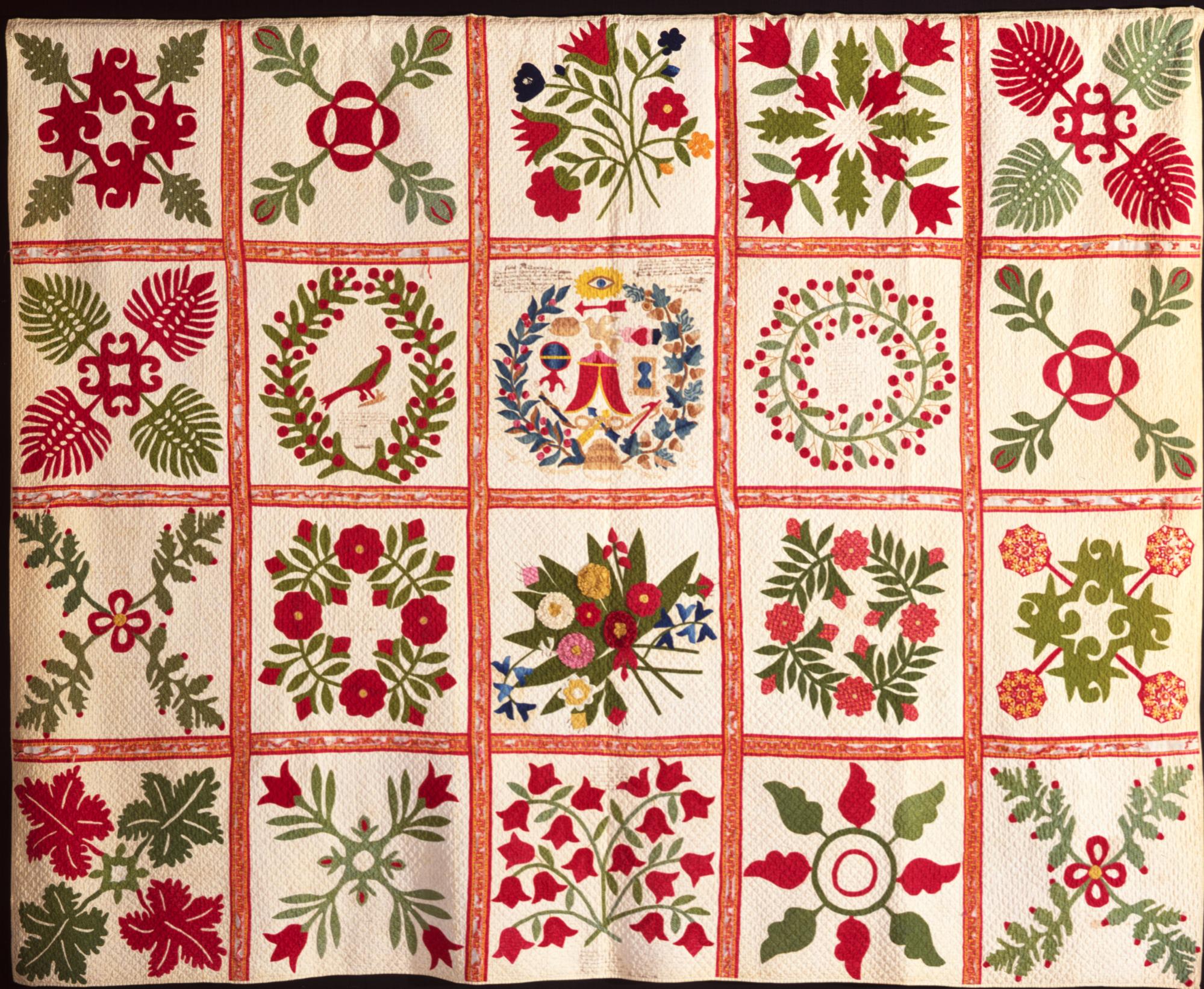 Image of Odd Fellows pieced appliqué album quilt, 1849