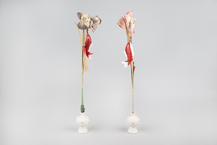 Image of Irises with carp streamers from Boys’ Day, ca. 1930-1940