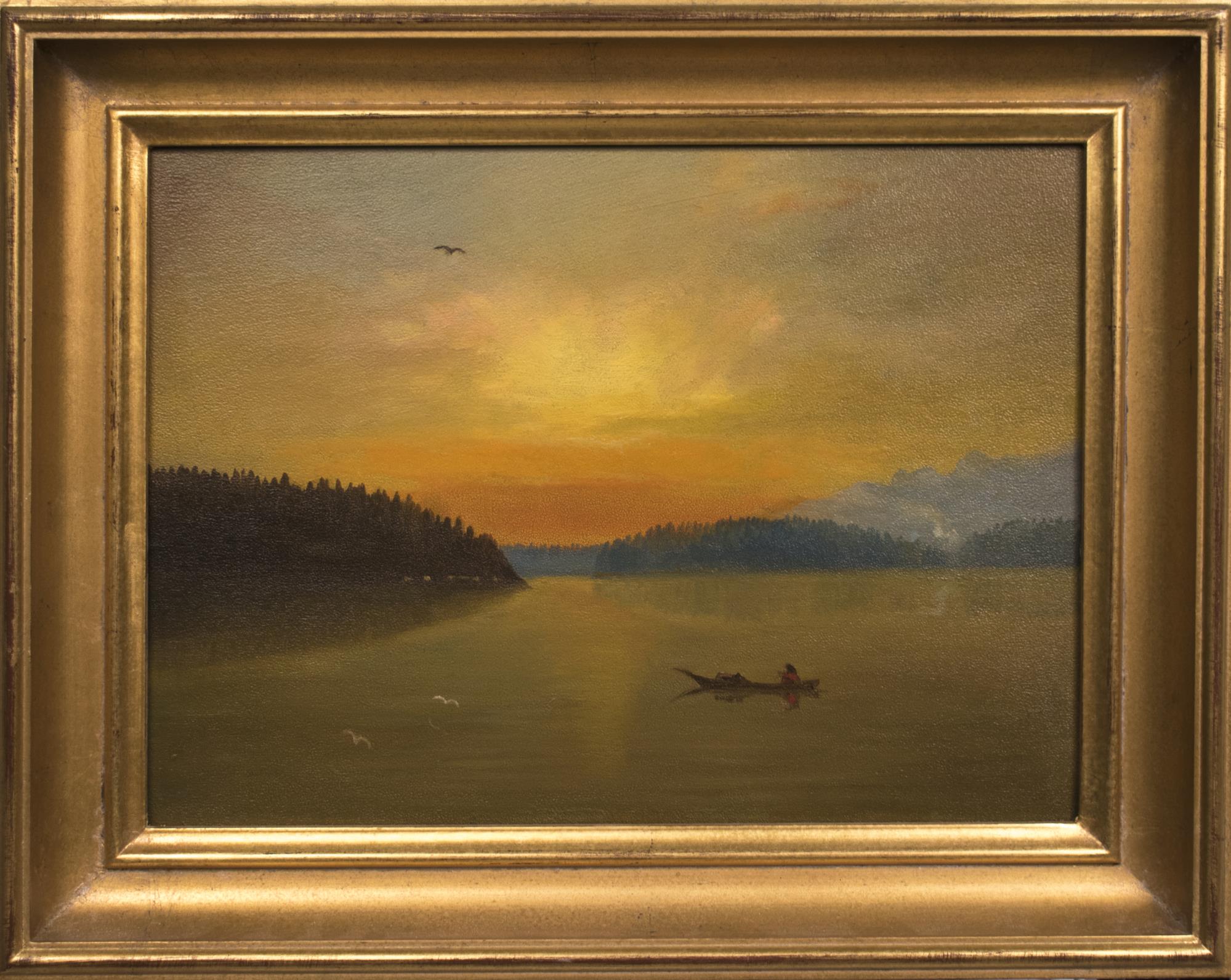 Image of Painting of Indigenous person paddling a canoe on Lake Union, ca. 1900