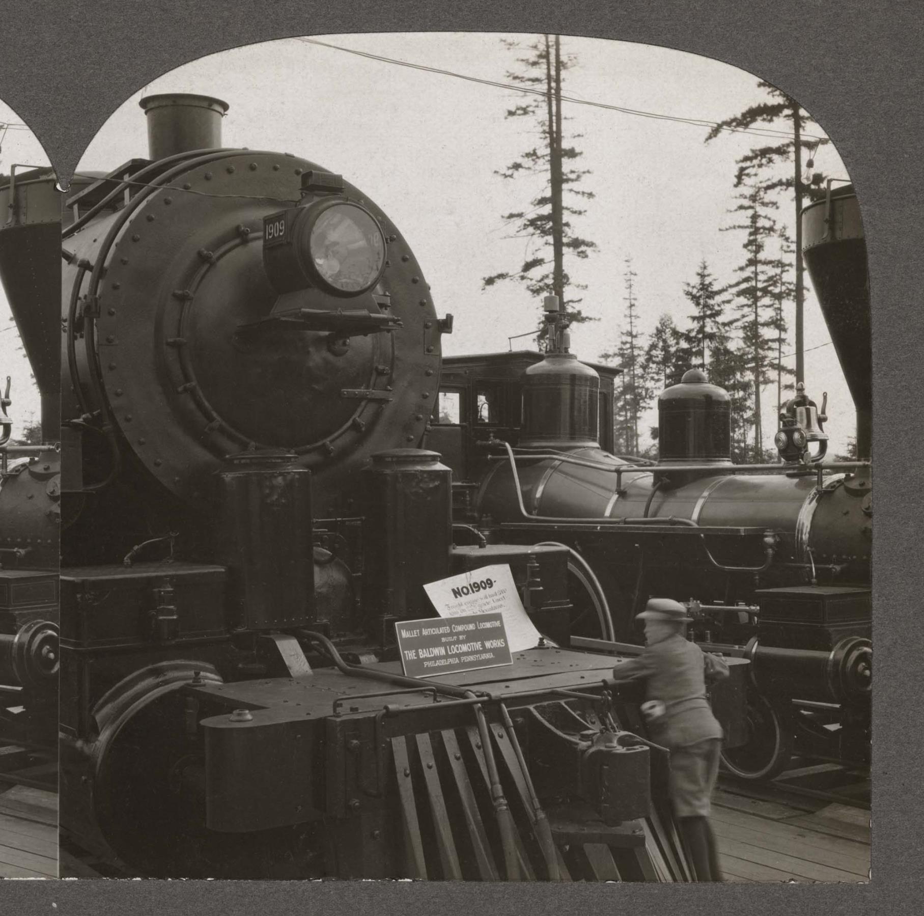 Image of Mallet articulated Compound Locomotive on display, Alaska-Yukon-Pacific Exposition, Seattle, 1909