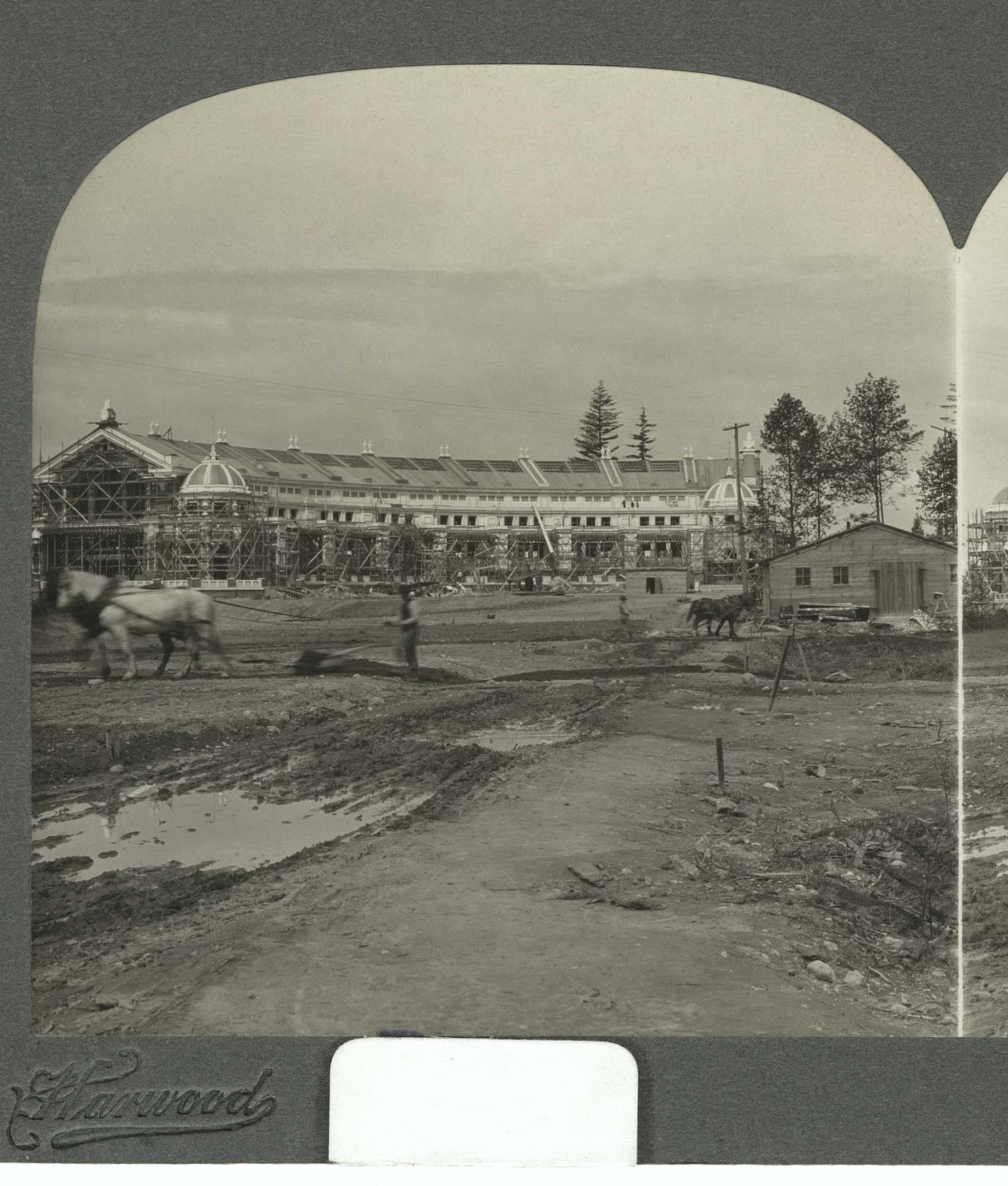 Image of Agriculture Building under construction on Alaska-Yukon-Pacific Exposition grounds, Seattle, 1907