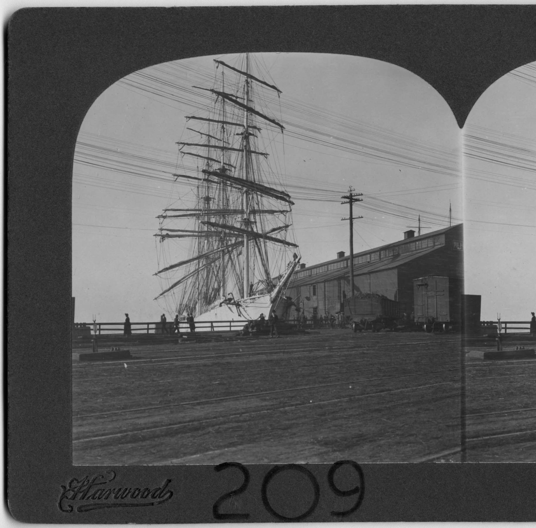 Image of Tall ship on waterfront, Seattle, 1907