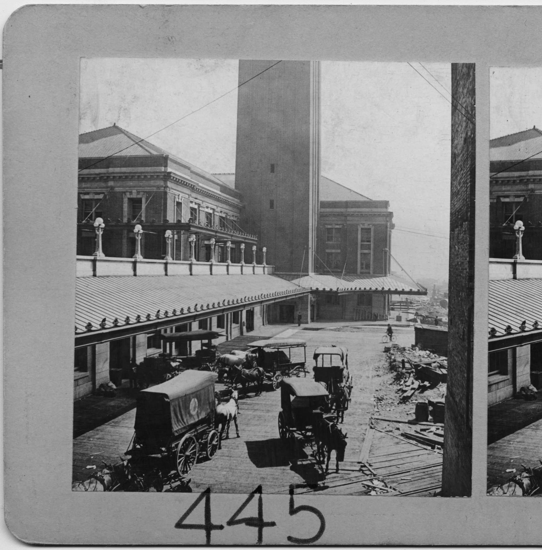 Image of Wagons outside King Street Station, Seattle, circa 1907