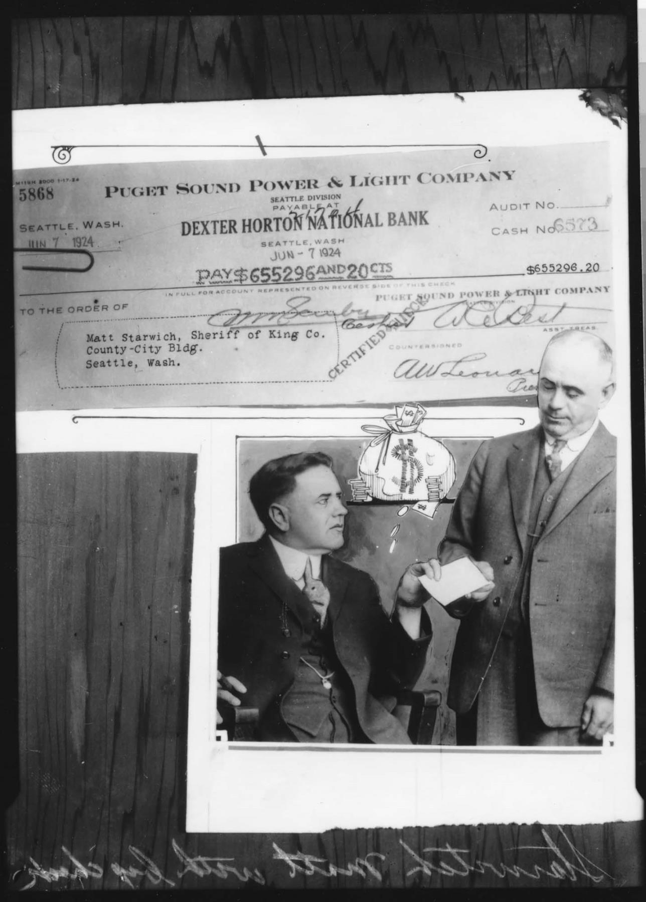 Image of Puget Power & Light payment to King County Sheriff Matt Starwich, Seattle, circa 1924