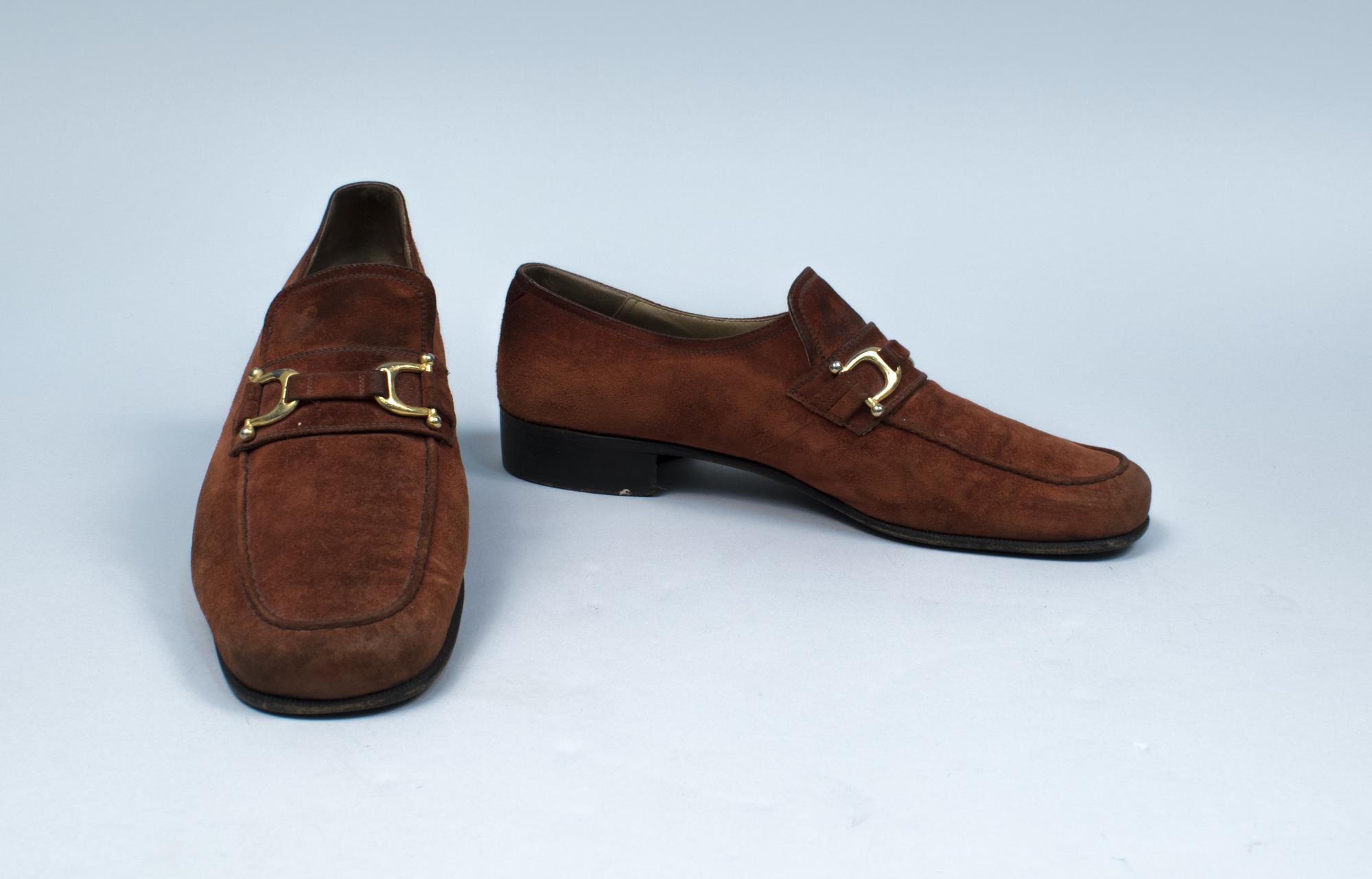 Image of Pair of suede loafers worn by John Doyle Bishop, 1960s-1970s