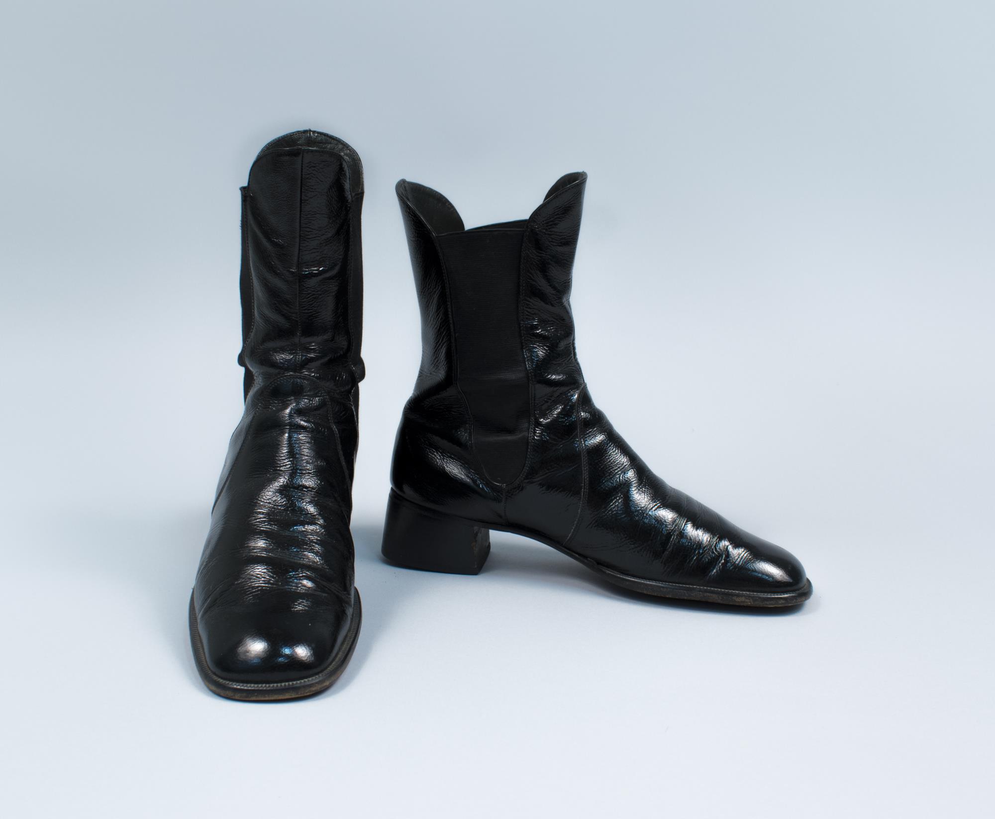 Image of Black patent boots worn by John Doyle Bishop, ca. 1960s-1970s