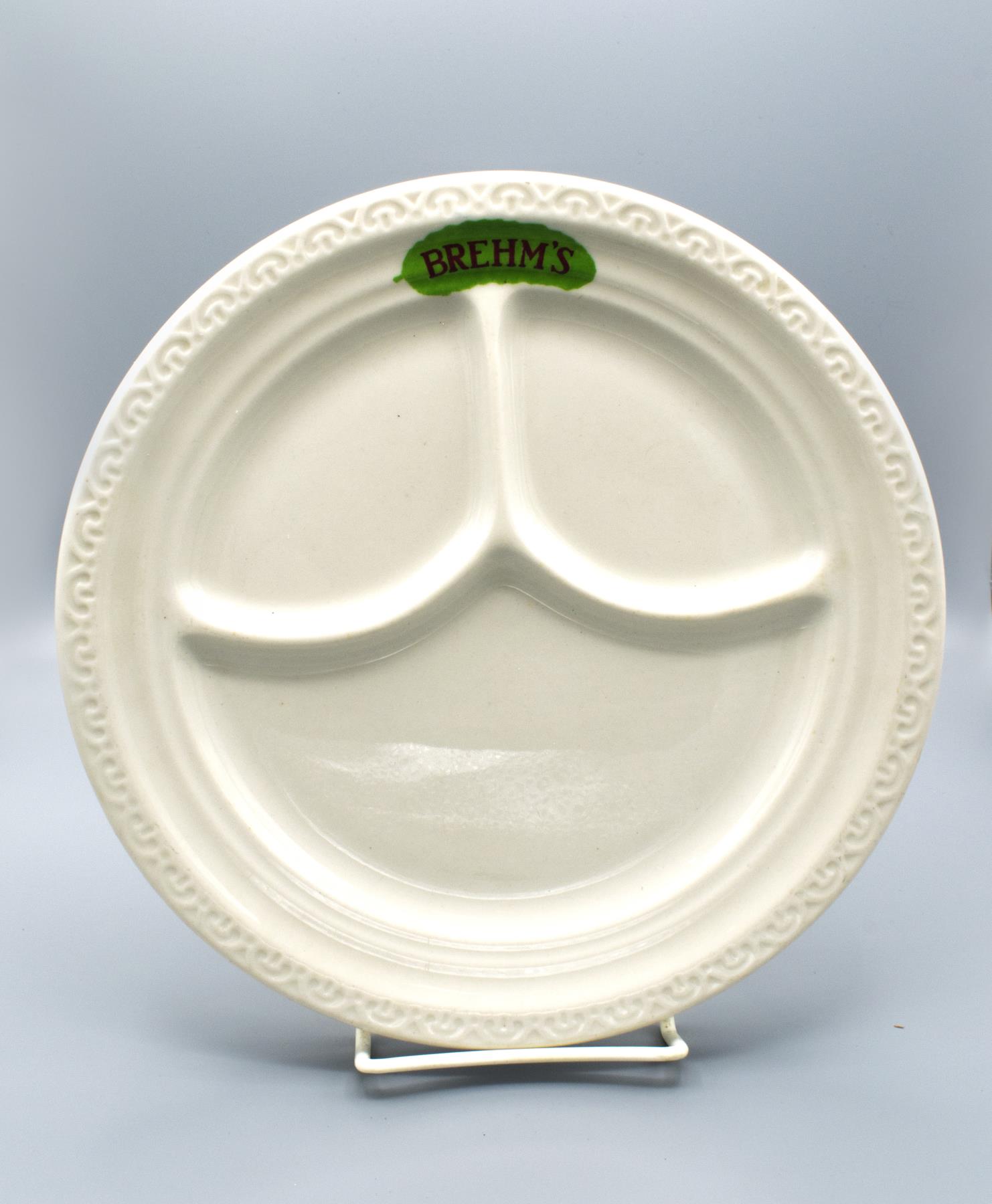Image of White china plate from Brehm's delicatessen, Seattle, ca. 1930s