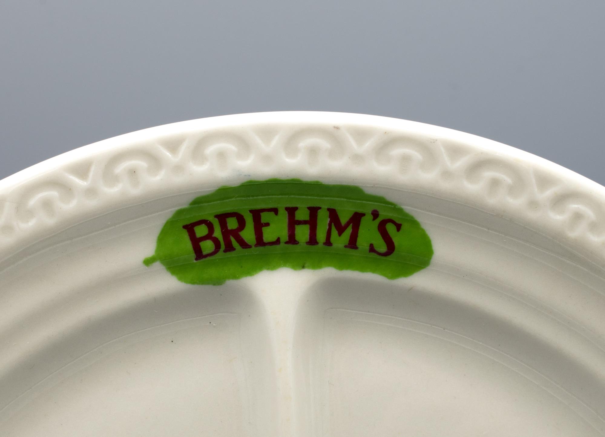 Image of White china plate from Brehm's delicatessen, Seattle, ca. 1930s