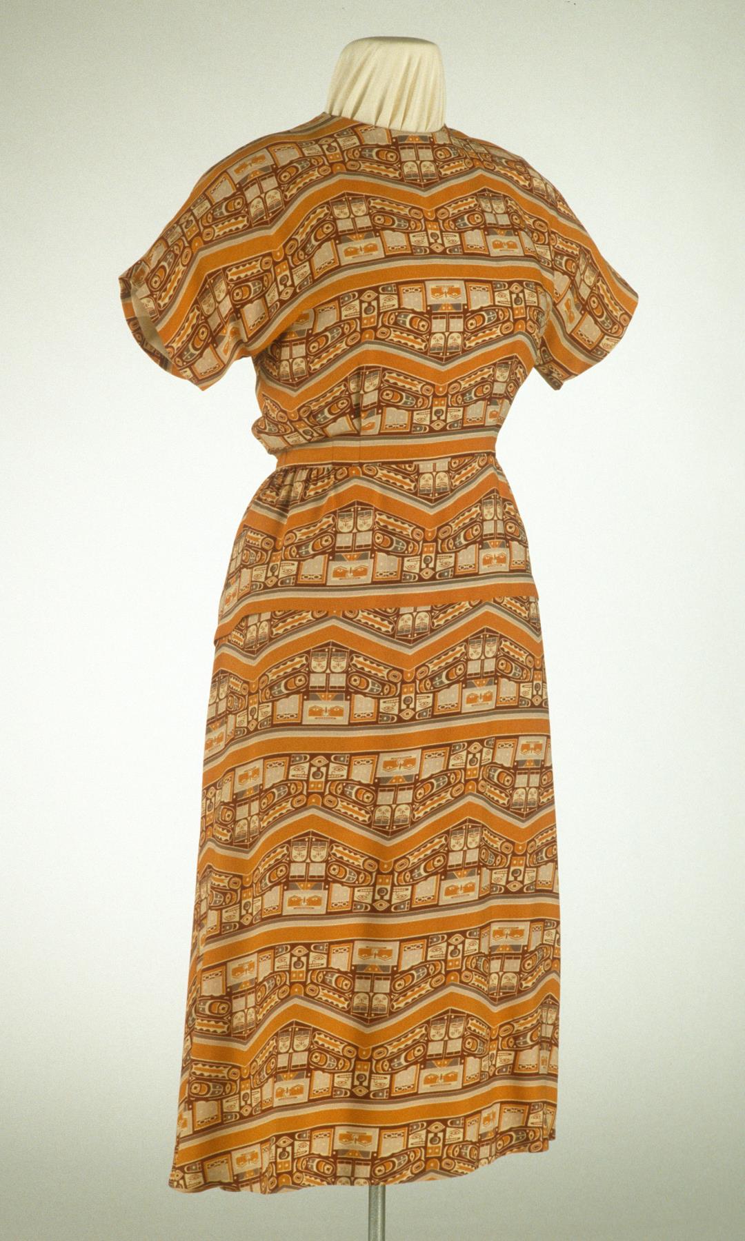 Image of Woman's day dress with Chilkat blanket pattern, ca.1935
