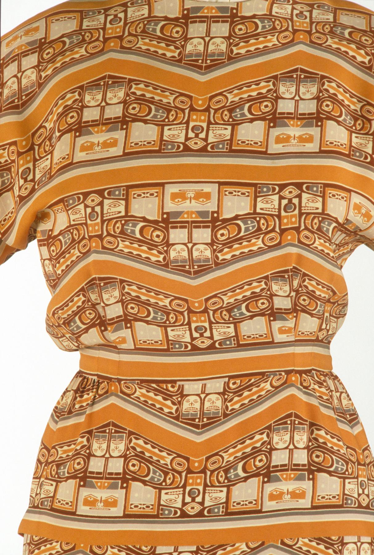 Image of Woman's day dress with Chilkat blanket pattern, ca.1935