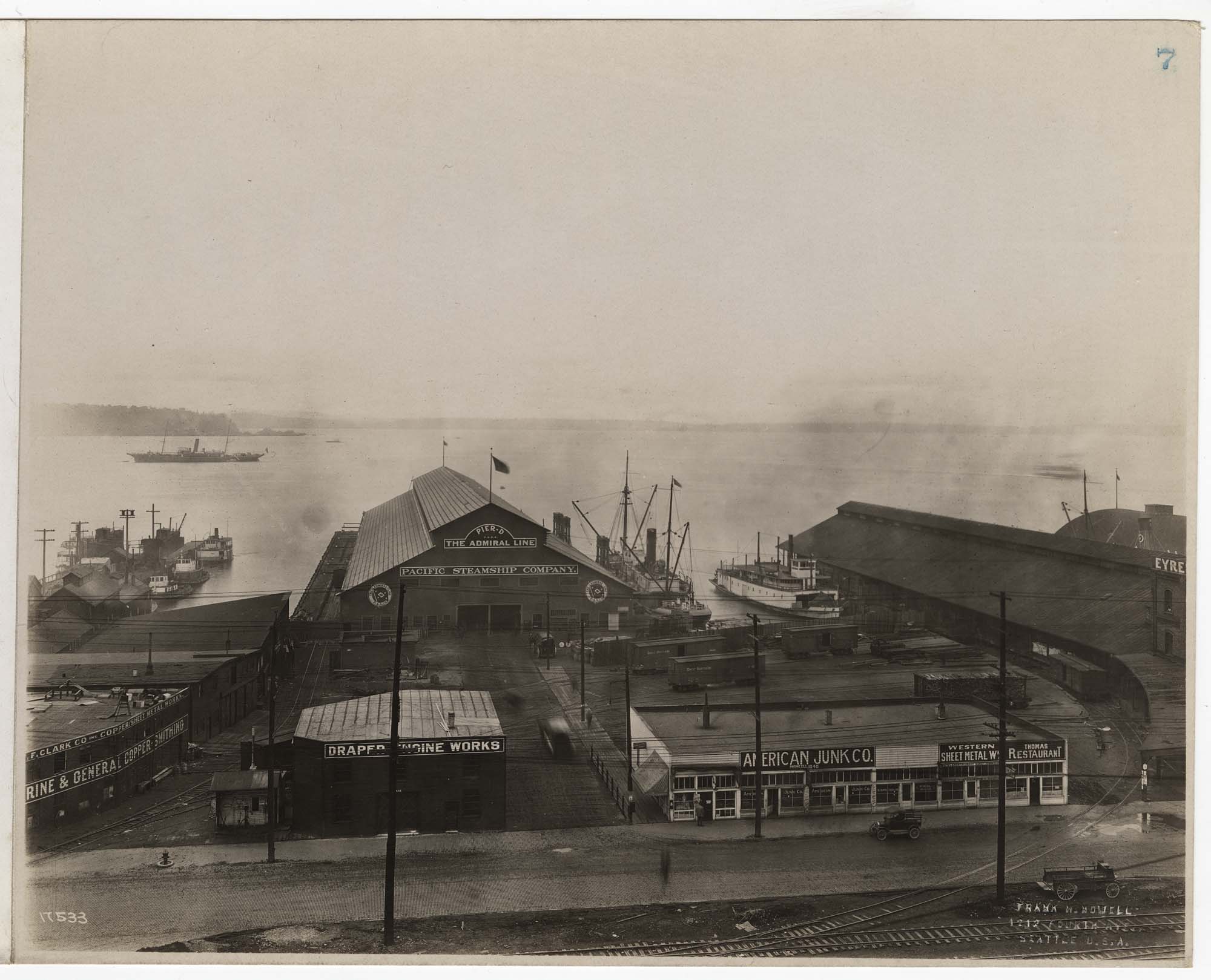 Image of Pacific Coast Steamship Co. Pier D from Railroad Avenue, Seattle, circa 1916