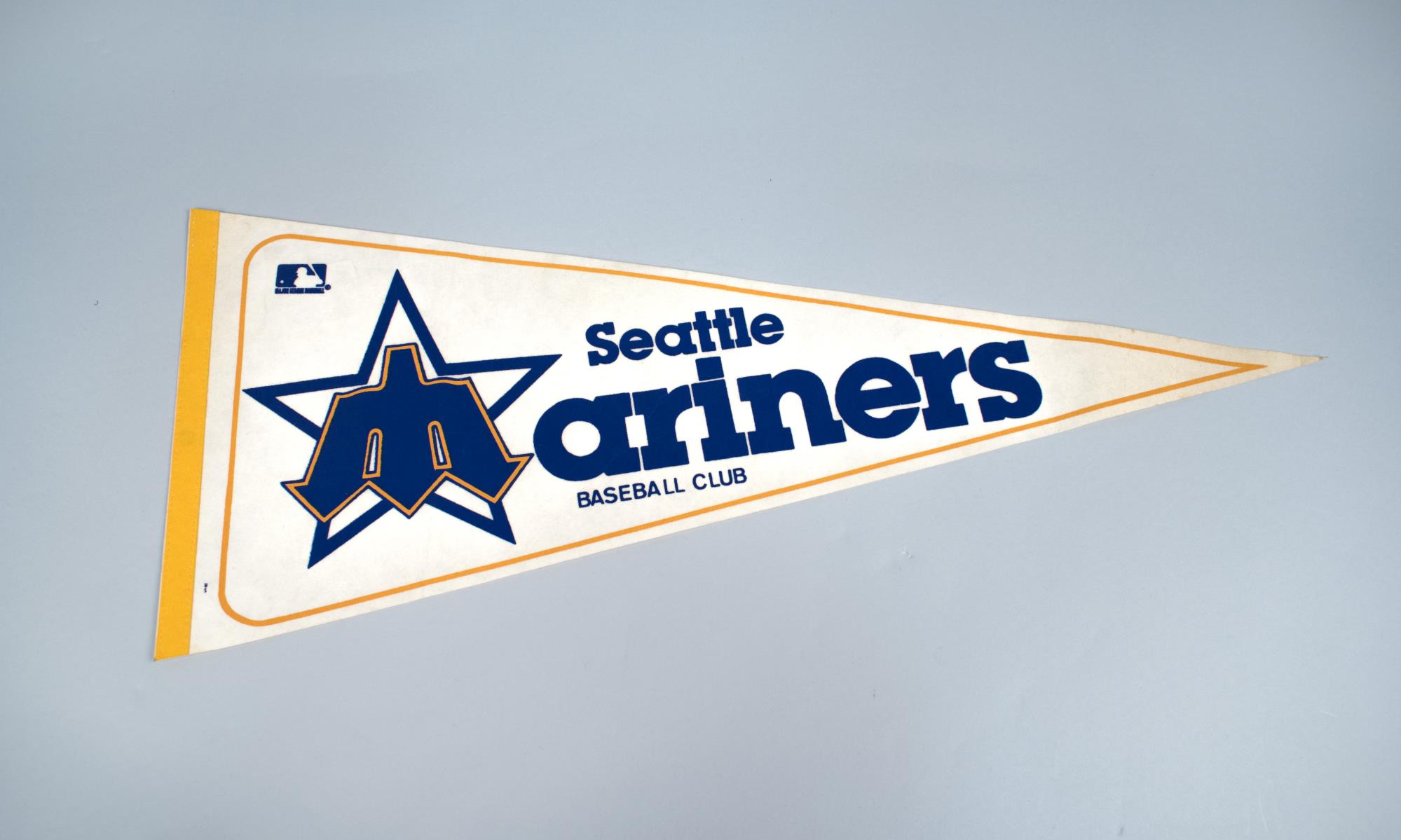 Image of Seattle Mariners Baseball Club pennant, signed on back by Jim Maler, a rookie player, ca. 1981