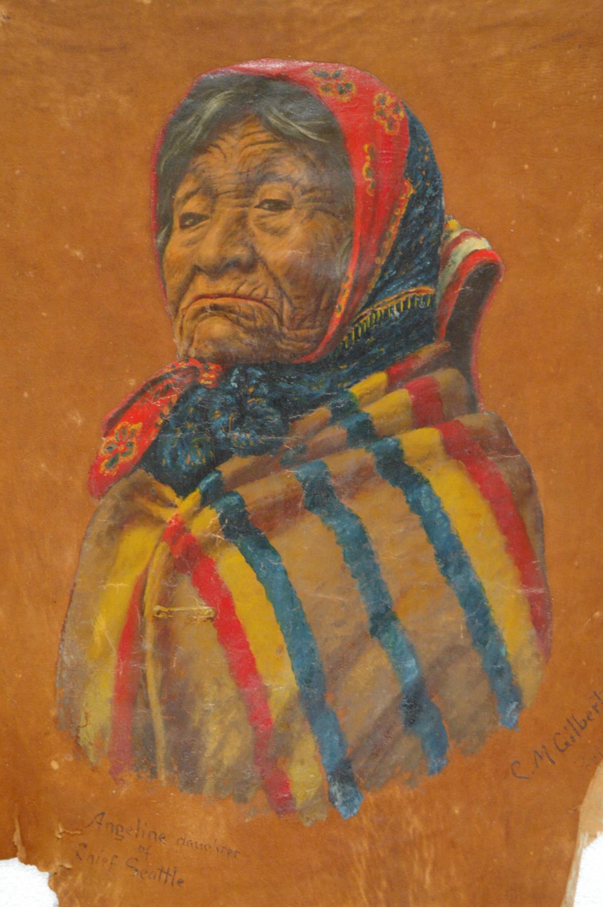 Image of Hide painting of Kikisoblu (Princess Angeline) by Carrie Monroe (C.M.) Gilbert, ca. 1900-1915