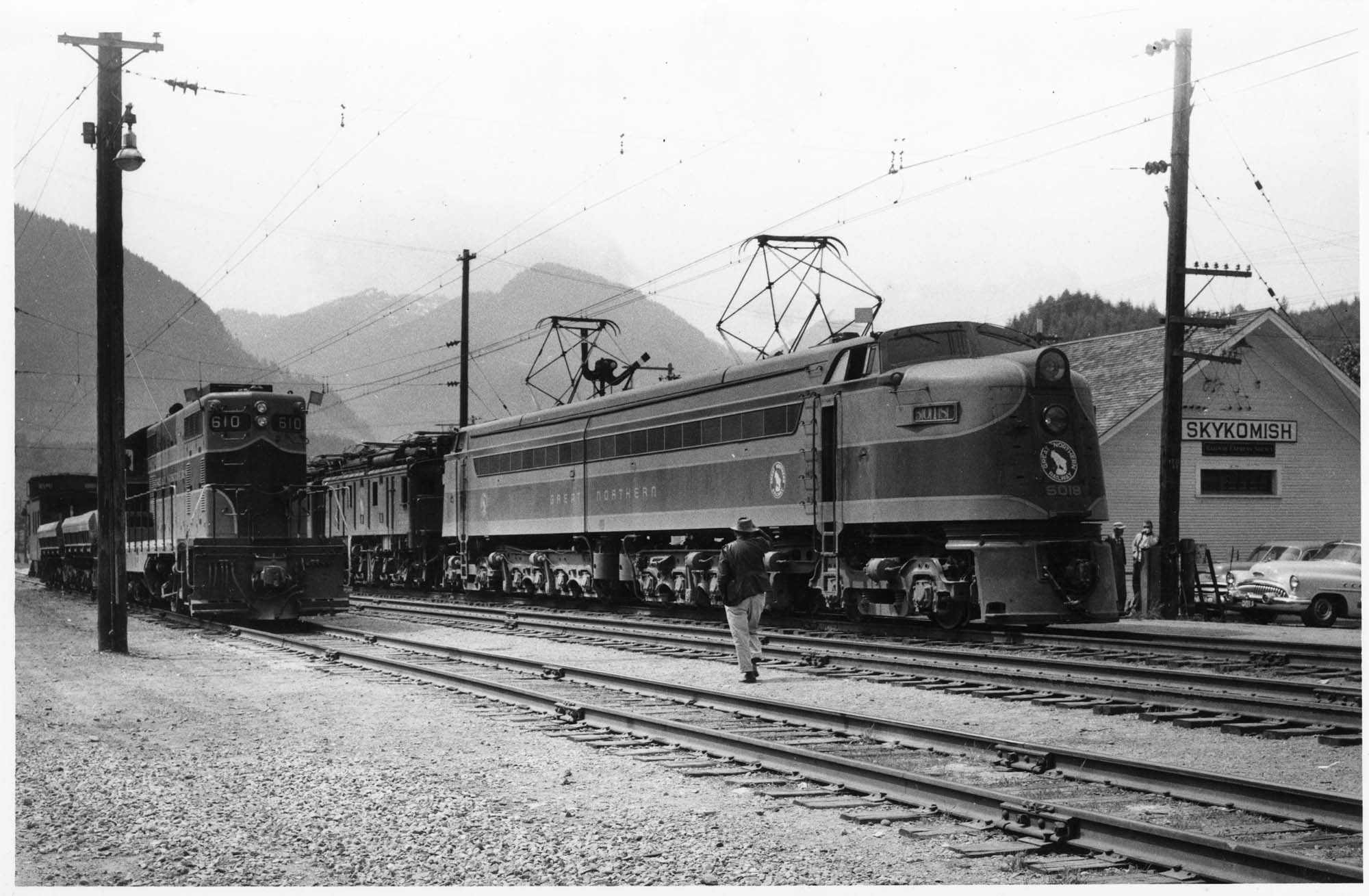 Image of Electric locomotive at Skykomish, Washington, circa 1950