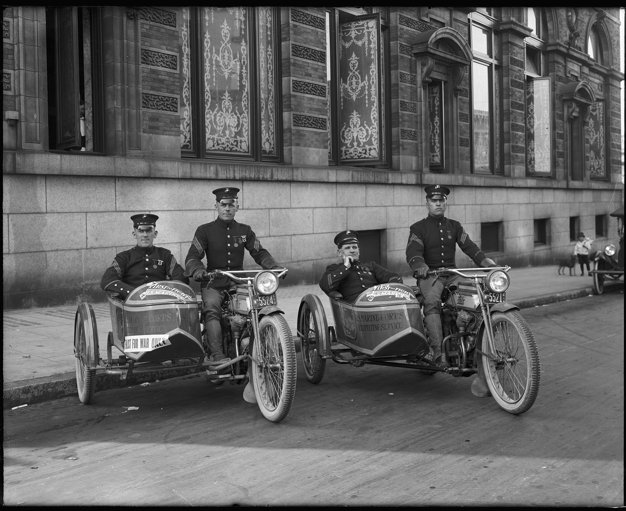 Image of Marine Corps recruiting motorcycles with sidecars, Seattle, 1918