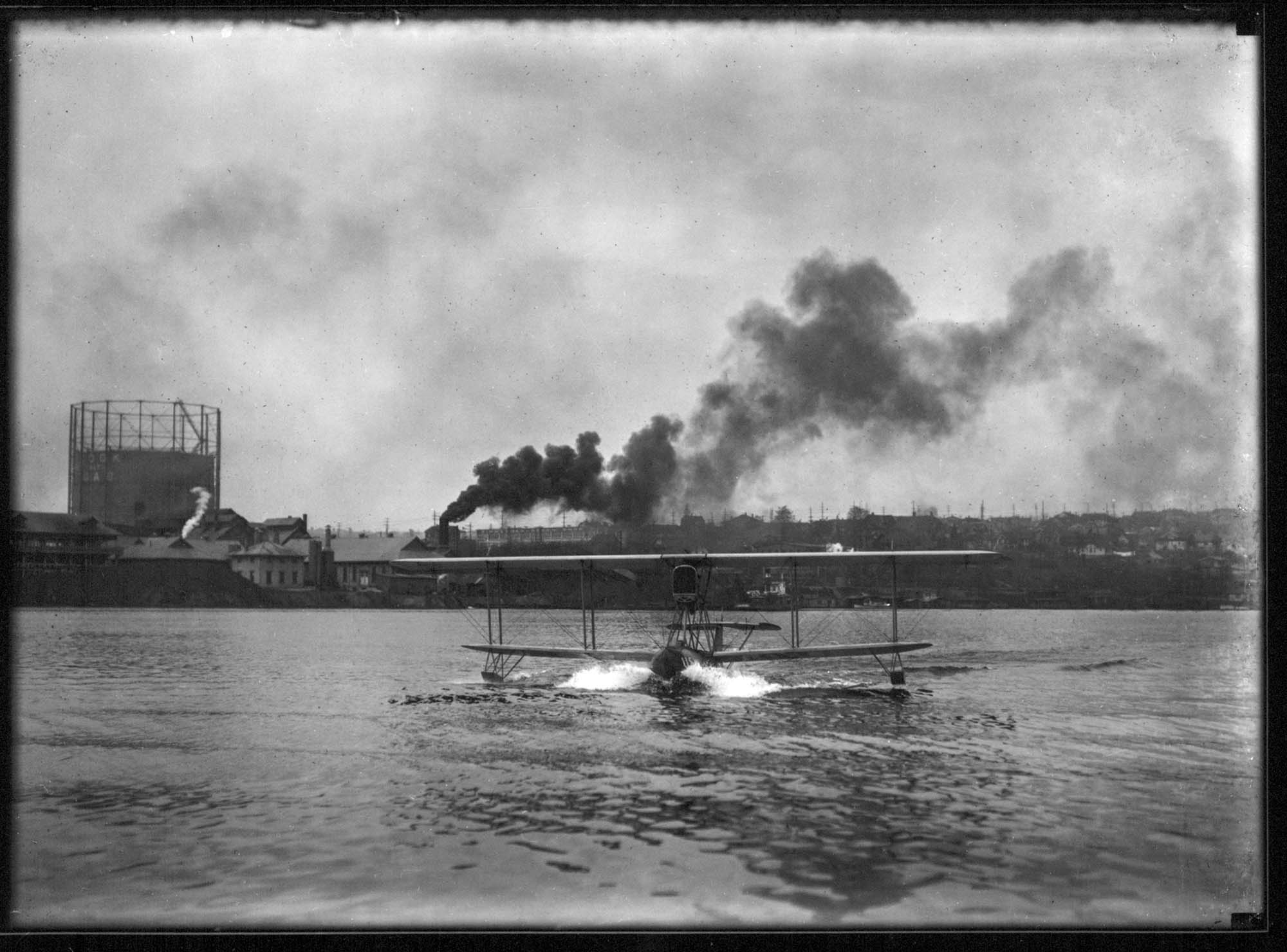 Image of Eddie Hubbard's plane landing in Lake Union, Seattle, circa 1919