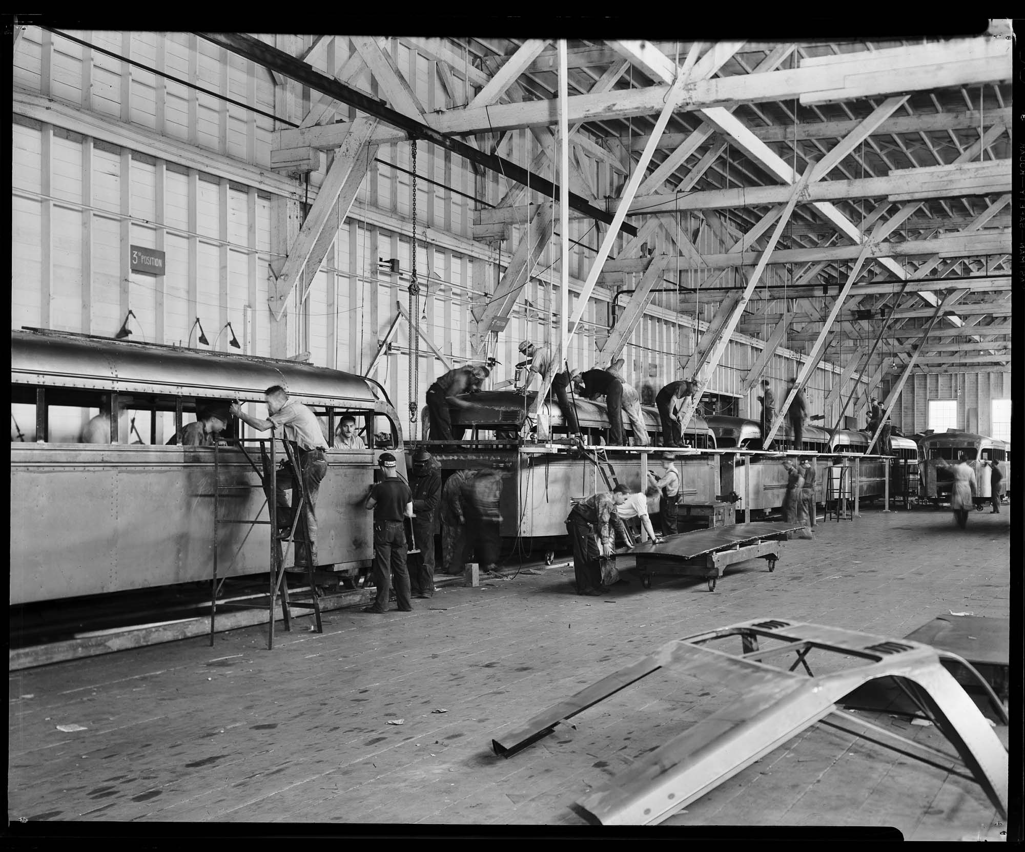 Image of Assembling buses at Pacific Car and Foundry, Renton, Washington, July 13, 1939