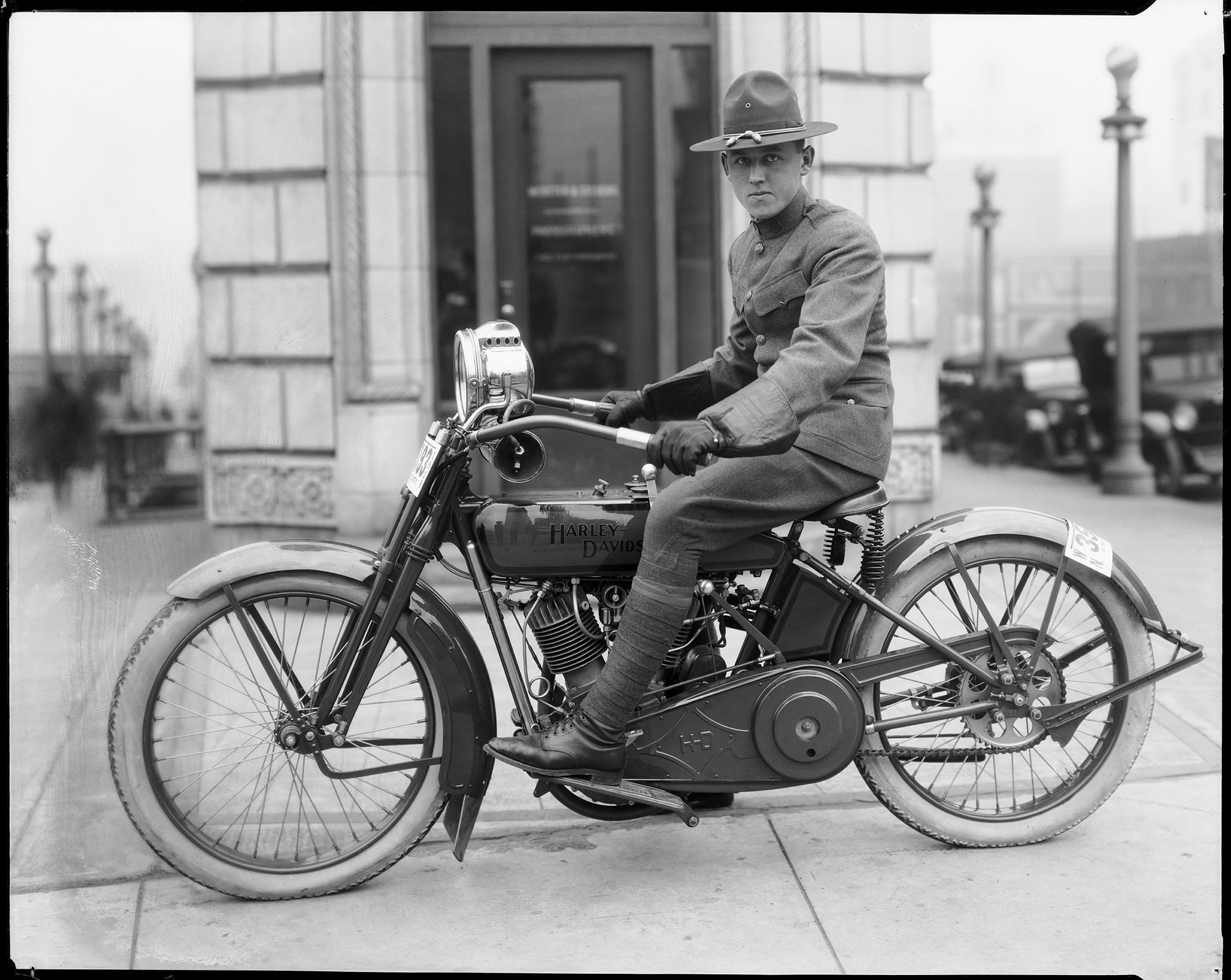 Image of Soldier on a Harley-Davidson motorcycle, Seattle, circa 1918