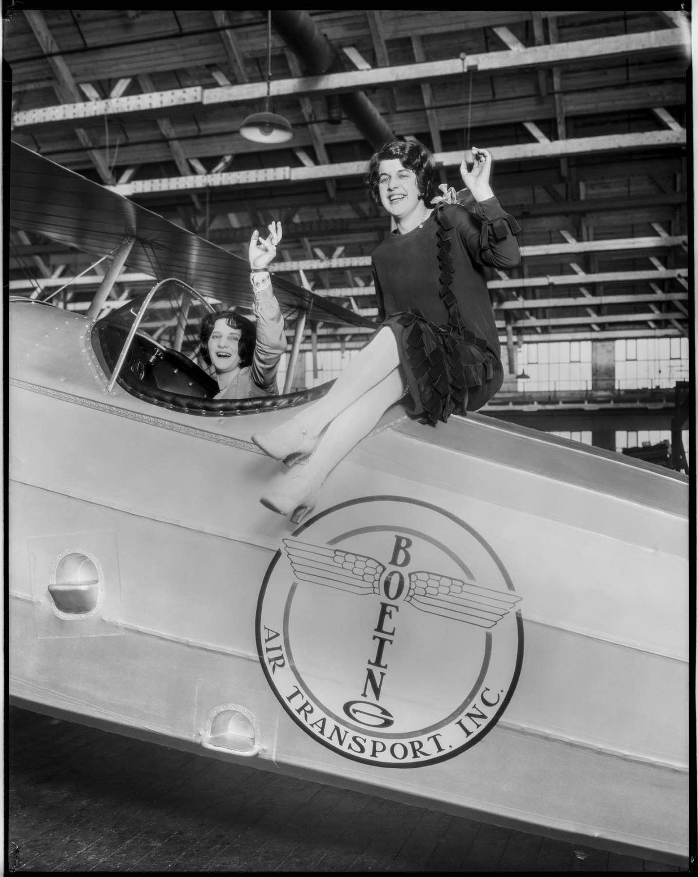 Image of Two women and a Boeing mail plane, circa 1927