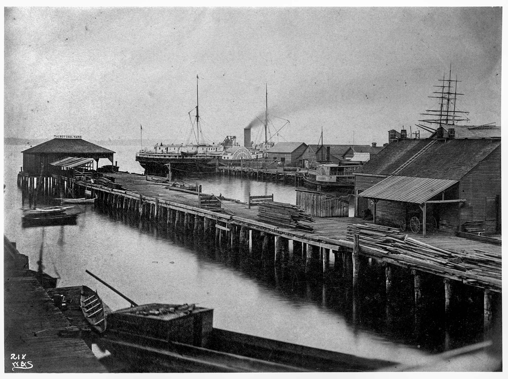 Image of Talbot Coal Company wharf and Yesler's Wharf, 1878
