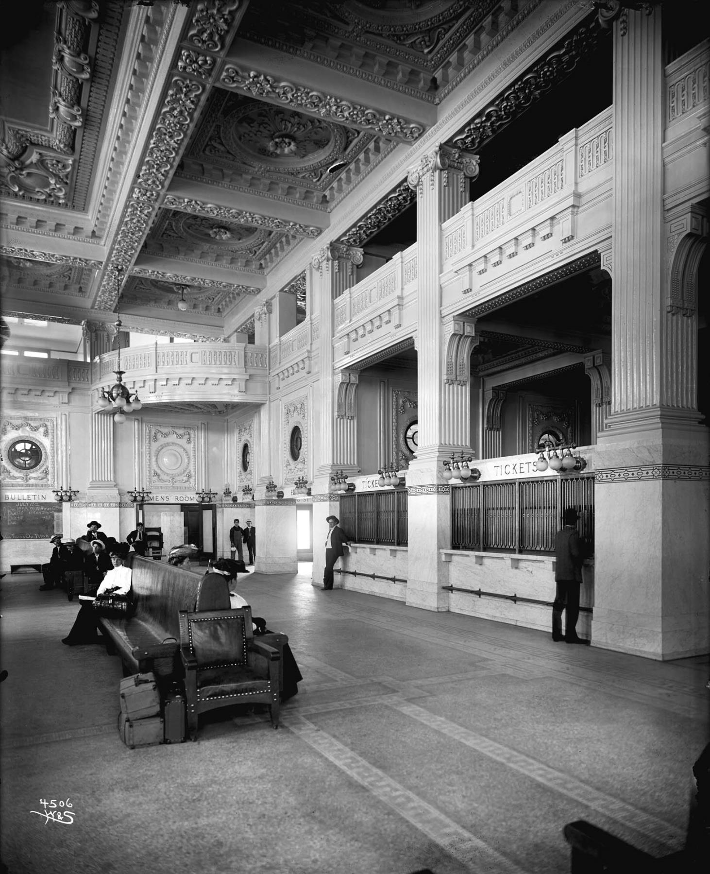 Image of King Street Station waiting room and ticket counter, Seattle, circa 1906