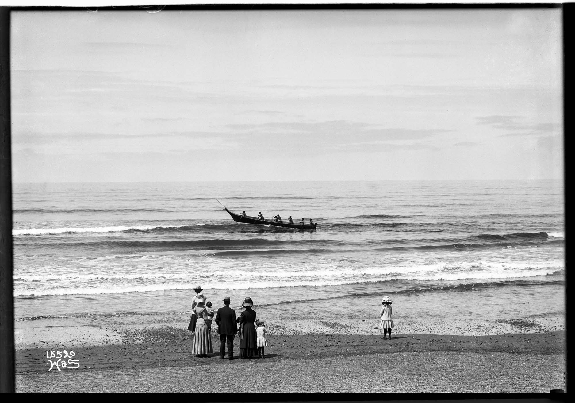 Image of Quinault canoe and sightseers, Moclips, Washington, 1914
