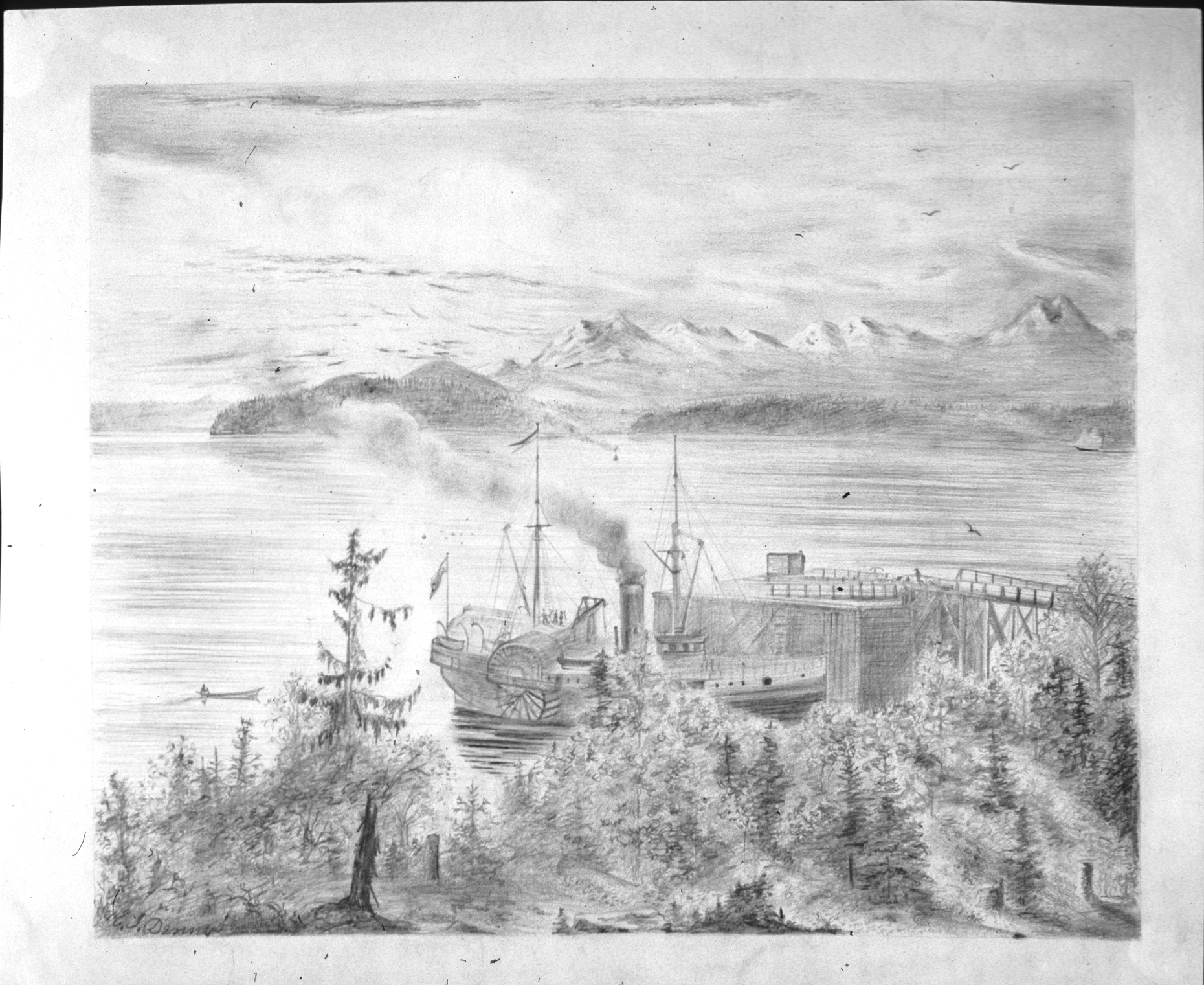 Image of Pencil drawing of a sidewheeler at a dock by Emily Inez Denny, ca. 1870-1915