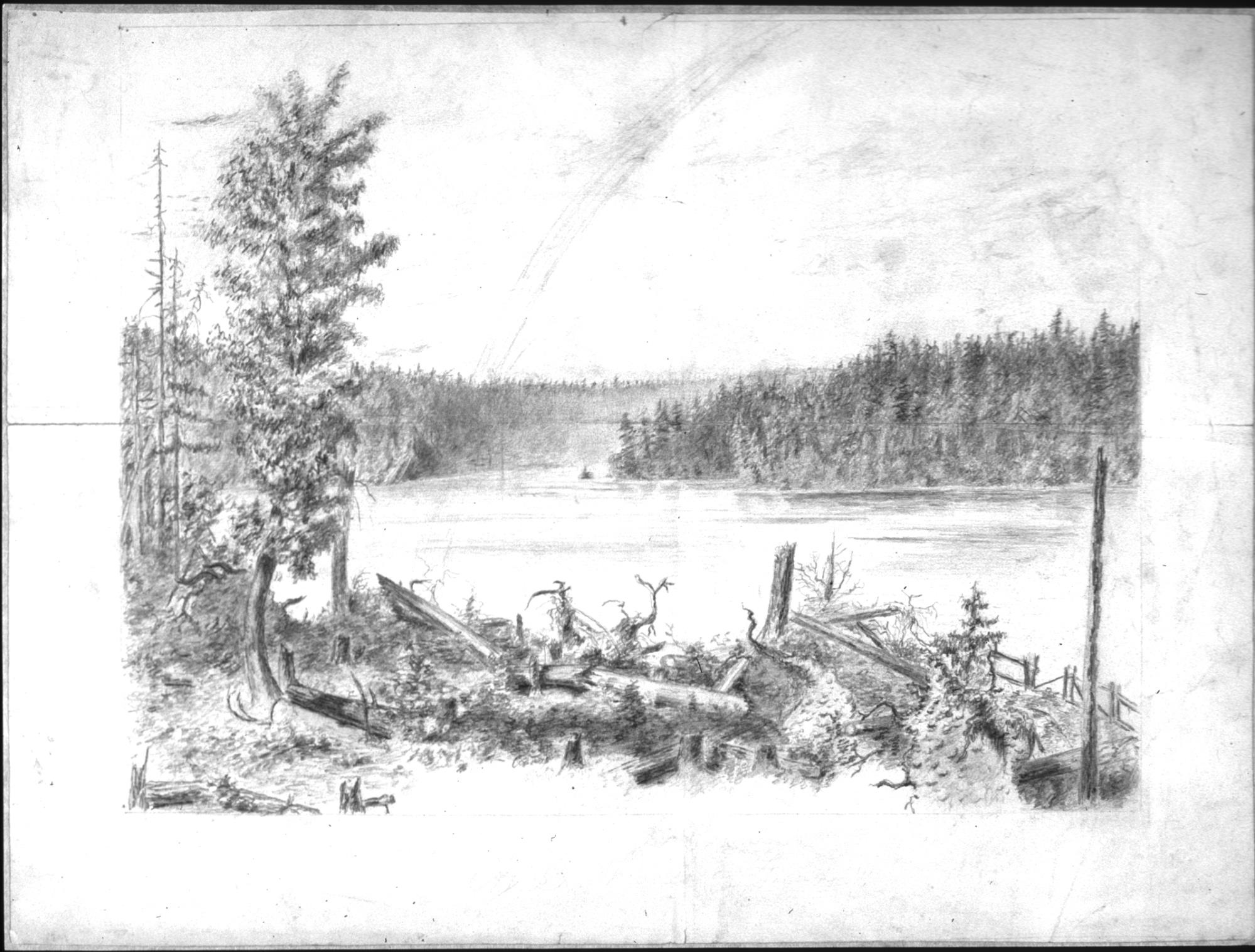 Image of Pencil drawing of a river bend by Emily Inez Denny, ca. 1870-1915