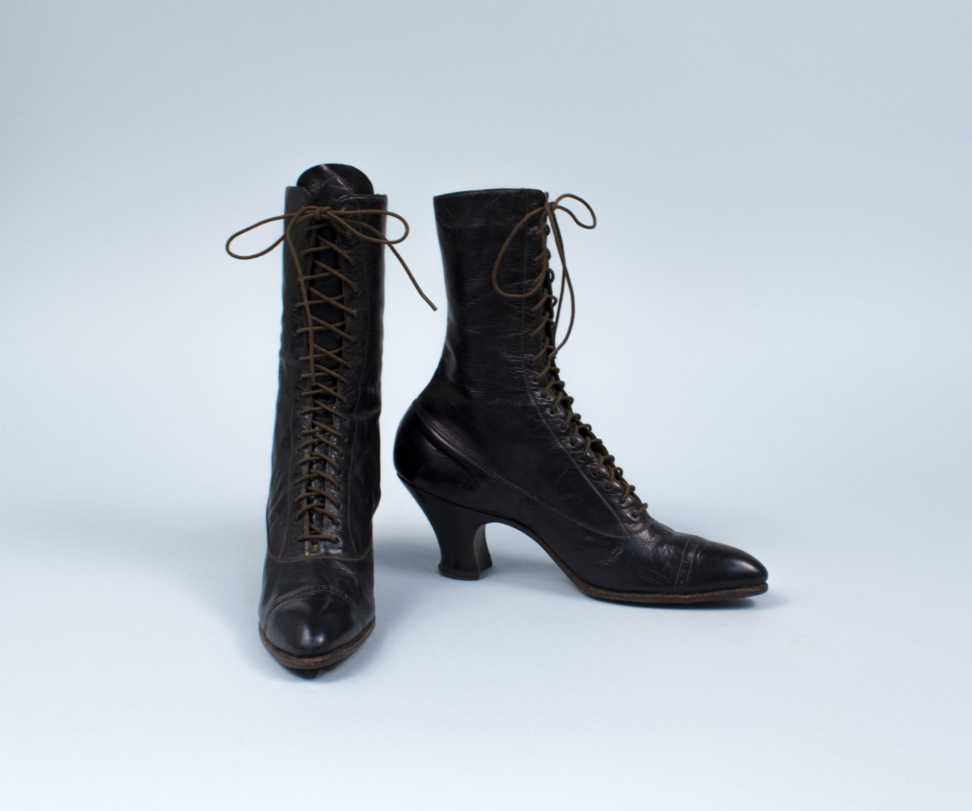 Image of Pair of dark brown kid leather high laced boots, ca. 1916