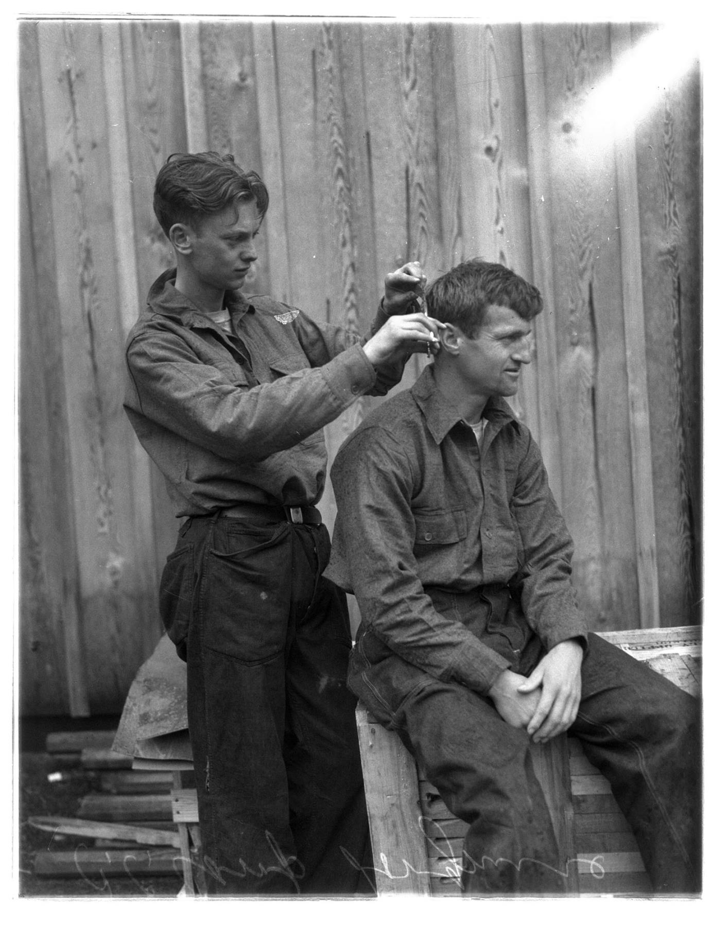 Image of Man getting a haircut, Civilian Conservation Corps, Longmire, ca. 1937