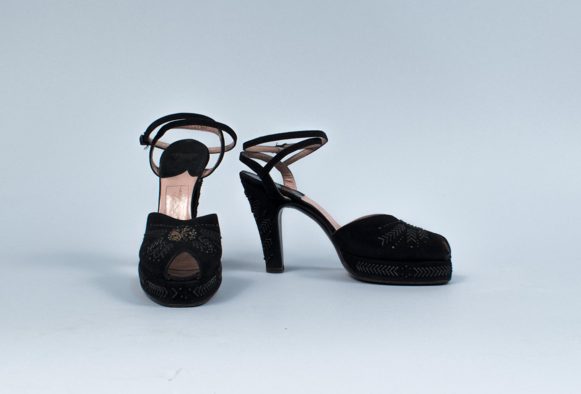 Image of Black beaded platform heels, 1940s