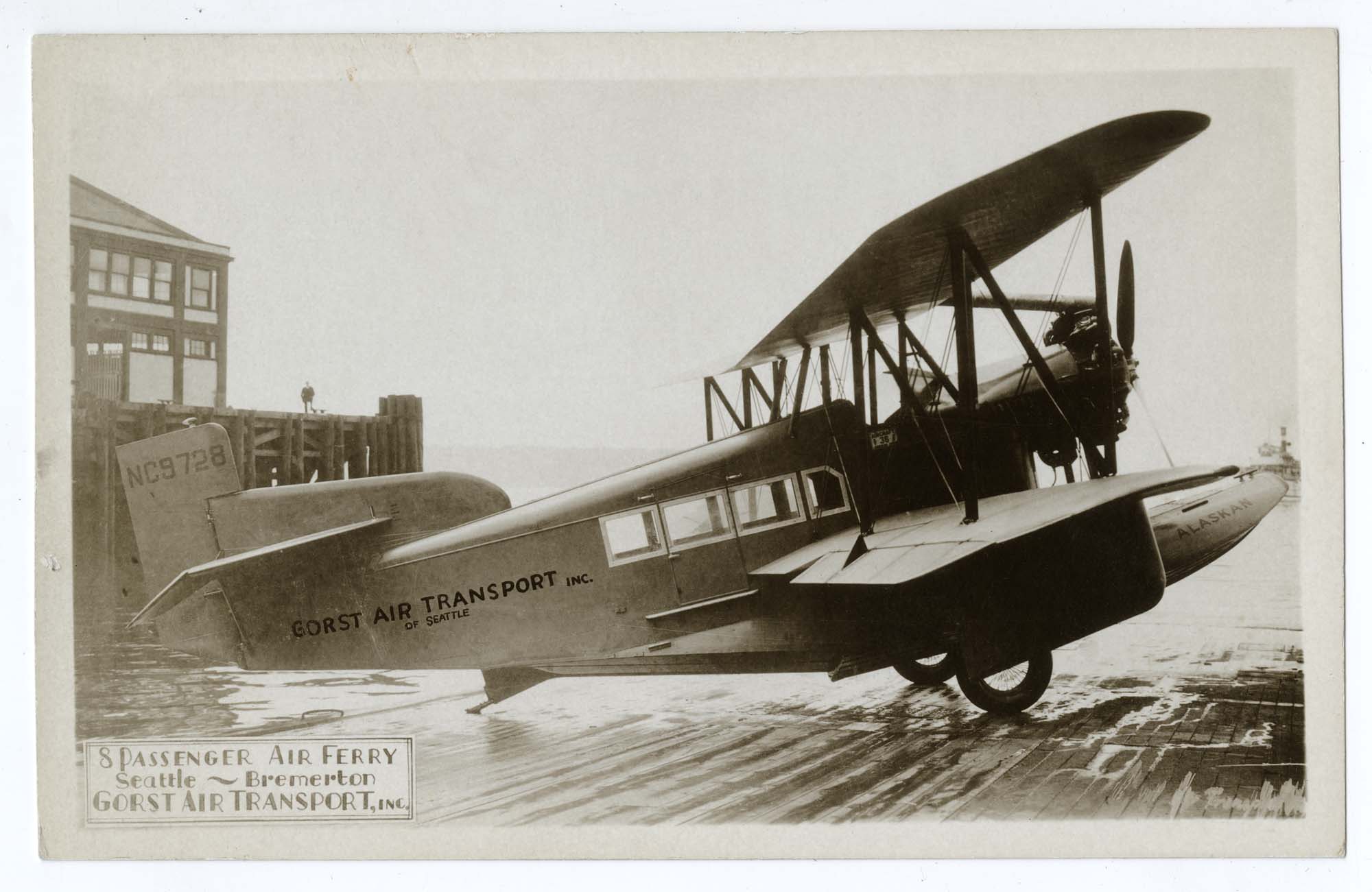 Image of Gorst Air Transport seaplane on dock, Seattle, circa 1933