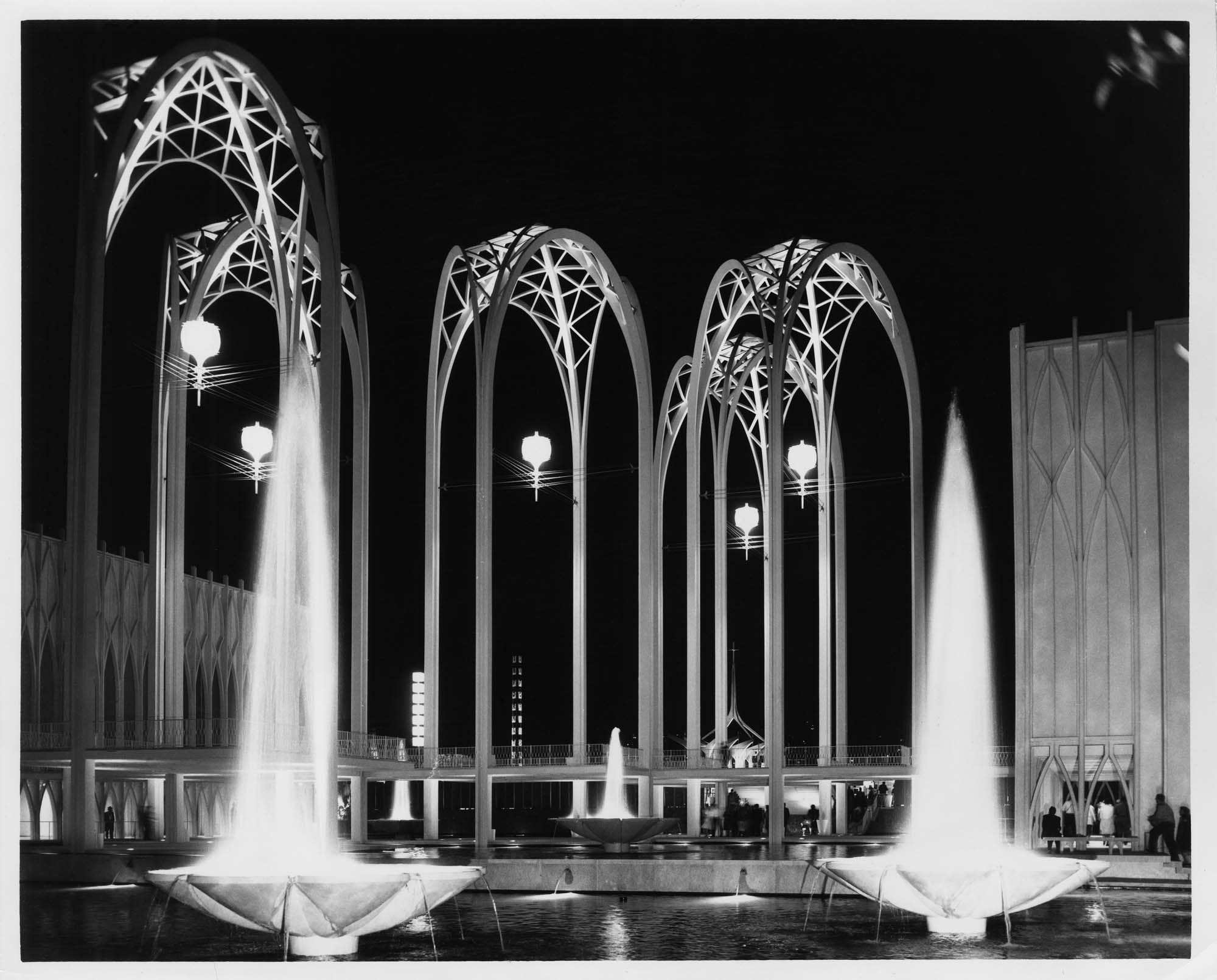 Image of U.S. Science Pavilion arches at night, Seattle World's Fair, 1962