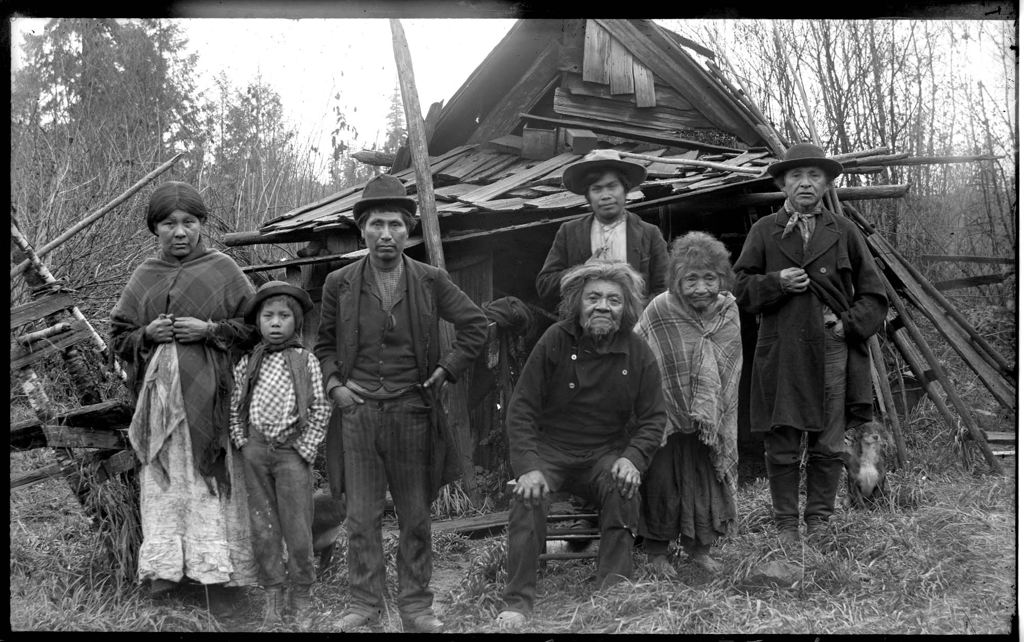 Image of Cheholtz family in front of fishing shack, near Castle Rock, Washington, circa 1885