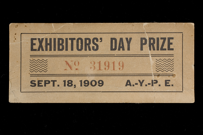 Image of Exhibitors' Day Prize ticket from September 18, 1909, Alaska-Yukon-Pacific Exposition (AYPE)