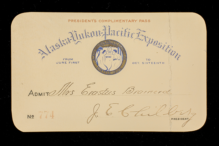 Image of Presidents Complimentary Pass to the 1909 Alaska-Yukon-Pacific Exposition (AYPE), issued to Mrs. Erastus Brainerd