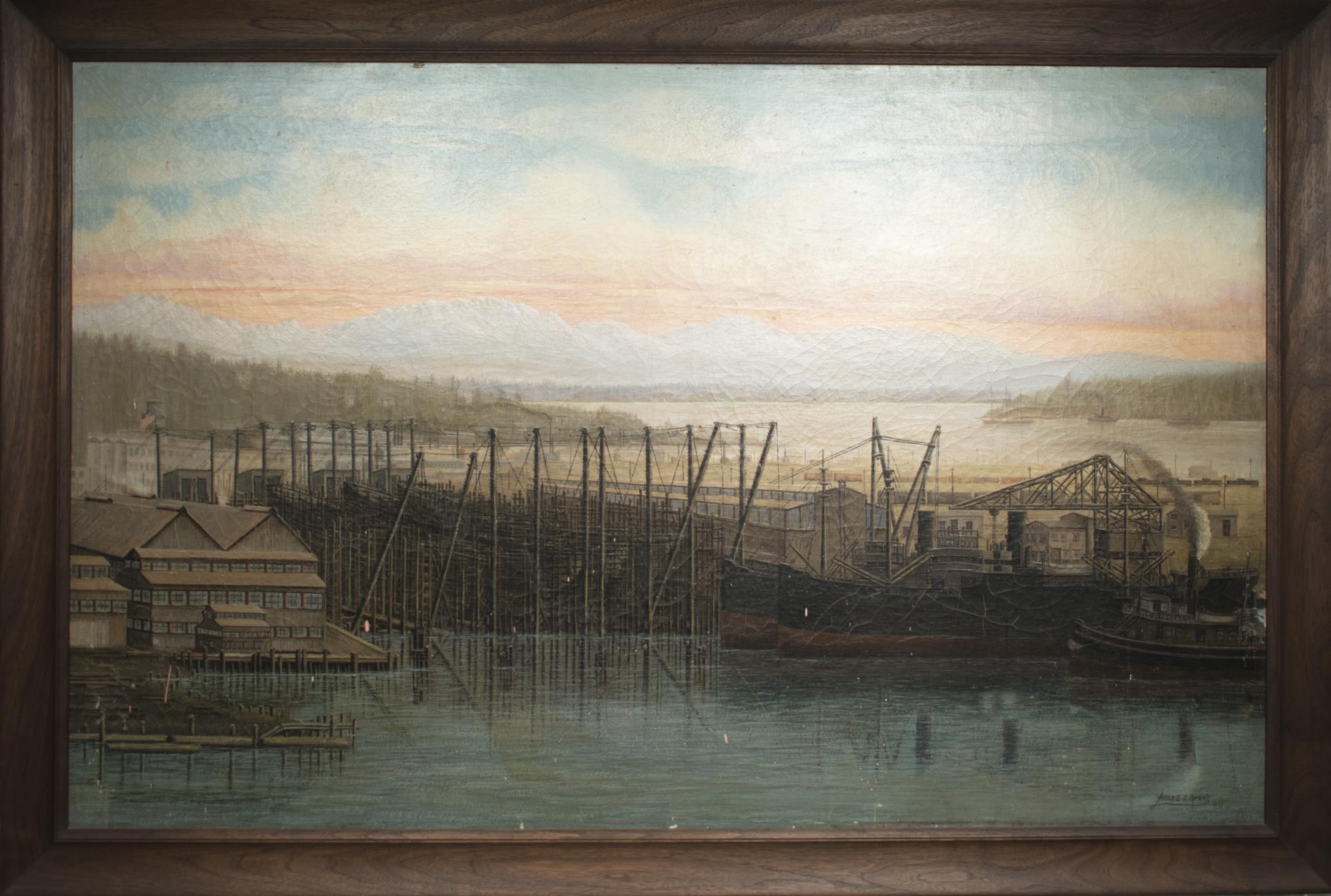 Image of Oil painting of the Duthie Shipyards by Amos Grant, 1919