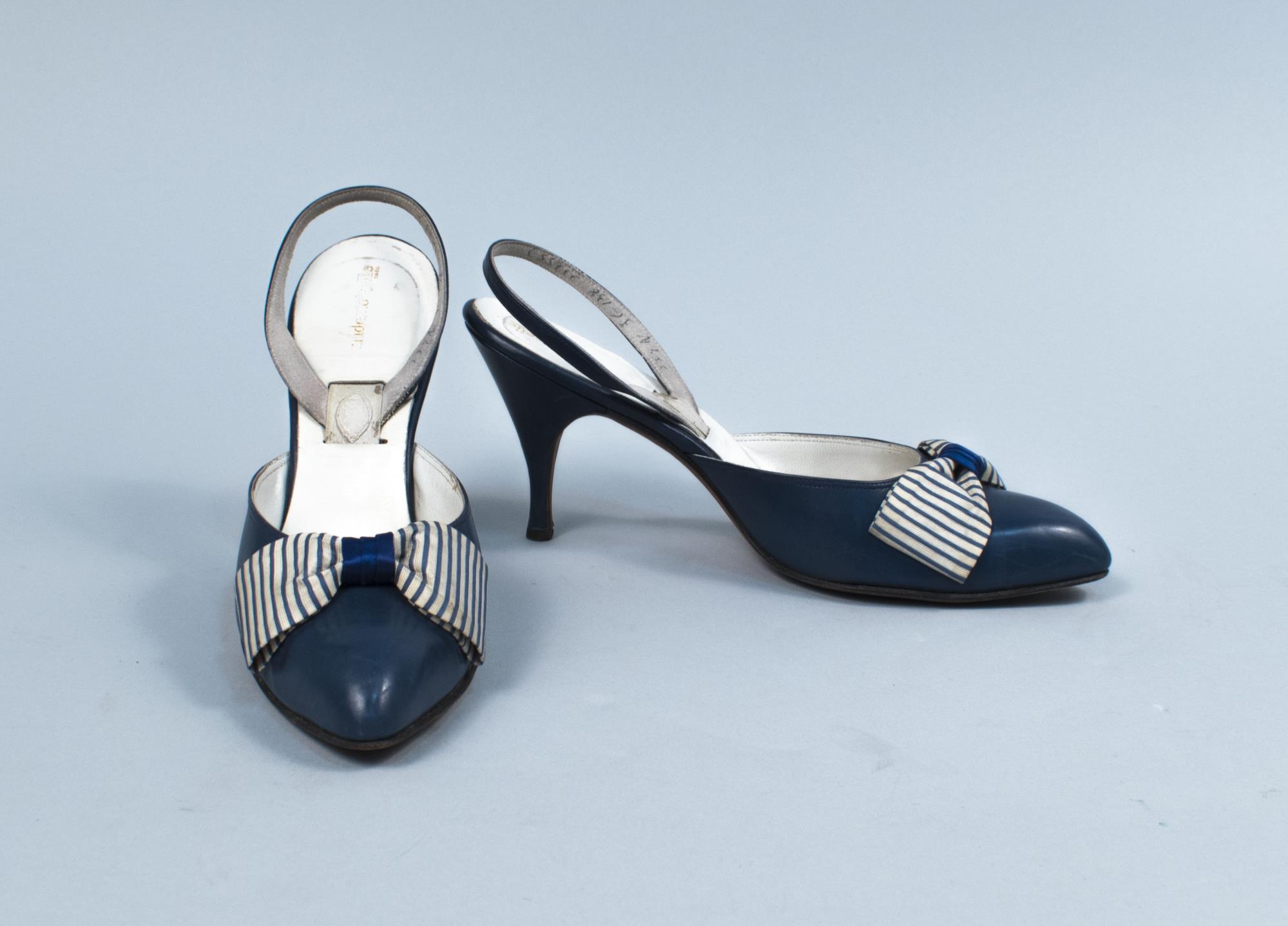 Image of Dark blue leather sling back pumps, 1960