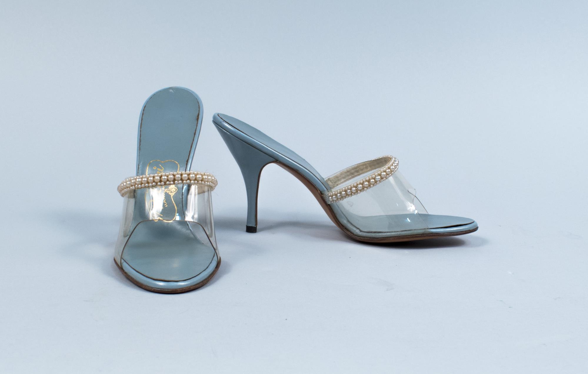 Image of Pair of light blue leather mules, ca. 1965