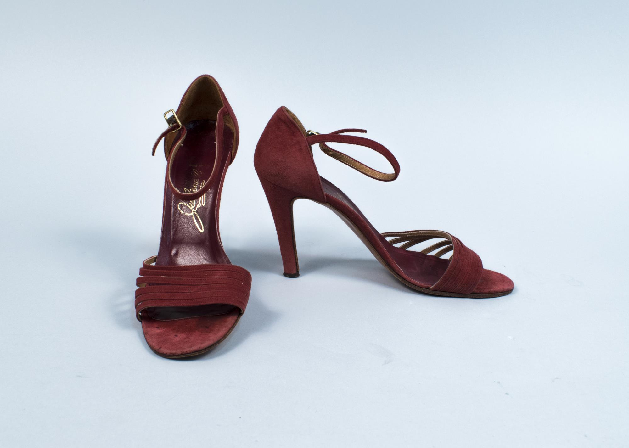 Image of Pair of red suede sandals, ca. 1970