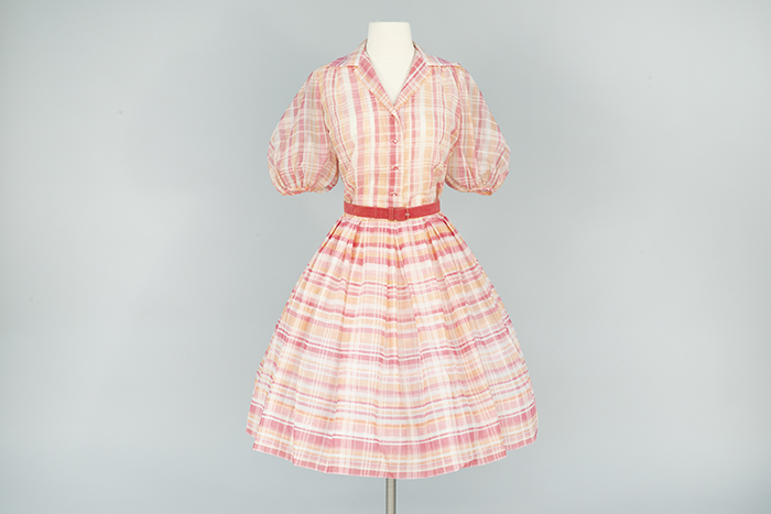 Image of Orange and pink dress ensemble with suede belt, ca. 1957