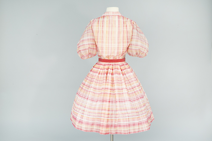 Image of Orange and pink dress ensemble with suede belt, ca. 1957