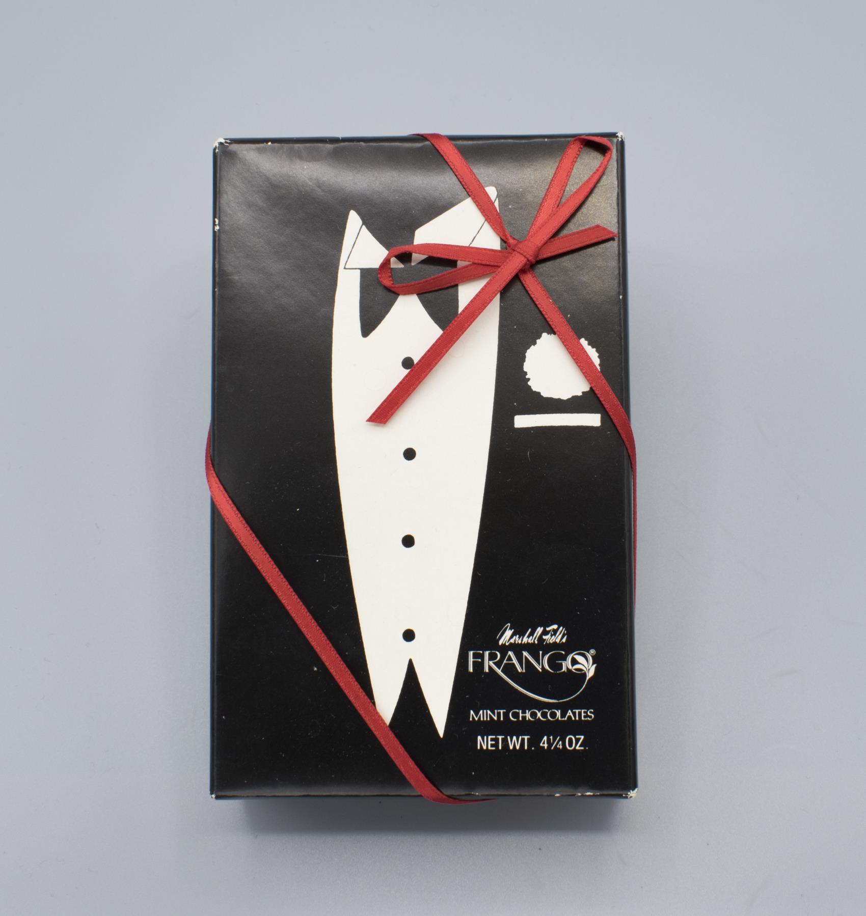 Image of Marshall Field's Frango Mint Chocolates tuxedo design box, ca. 1984