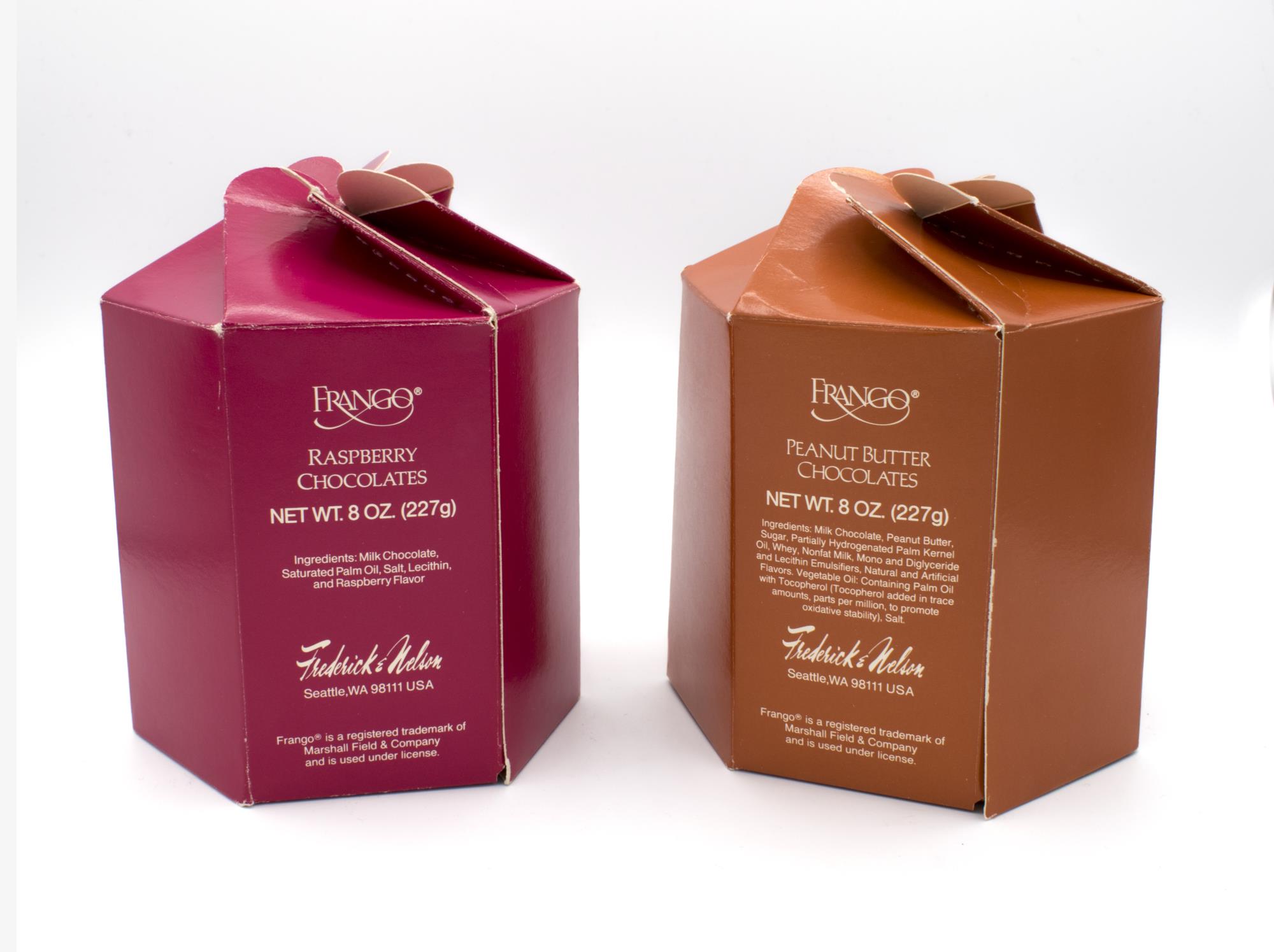 Image of Frango boxes for various flavors, 8 oz. size, ca. 1990