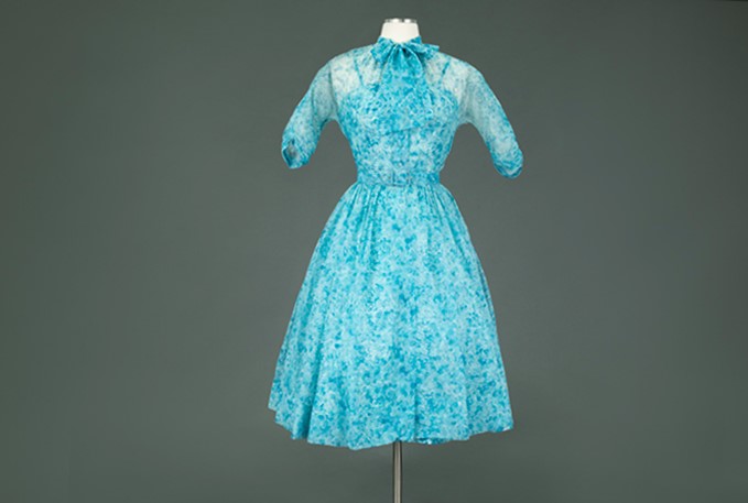 Image of Blue floral dress, underdress, and belt, 1955
