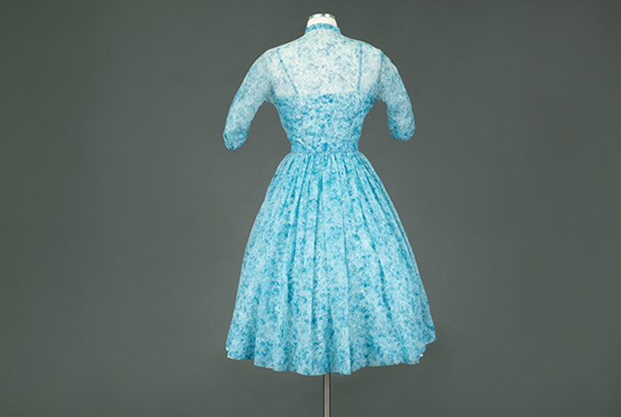 Image of Blue floral dress, underdress, and belt, 1955